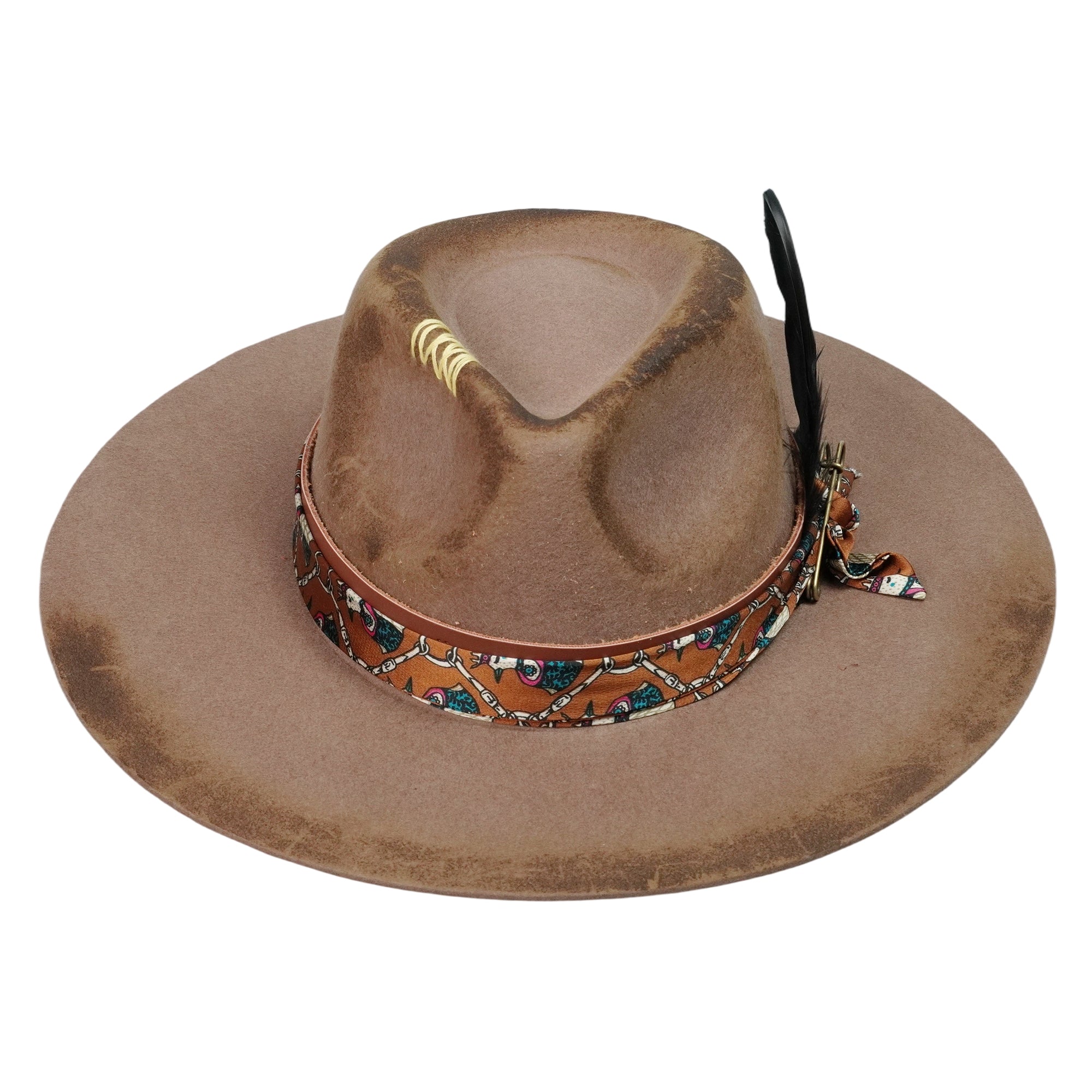Hand-Burned Edgy Felt Hat – Neutral Tone, Feather Detail