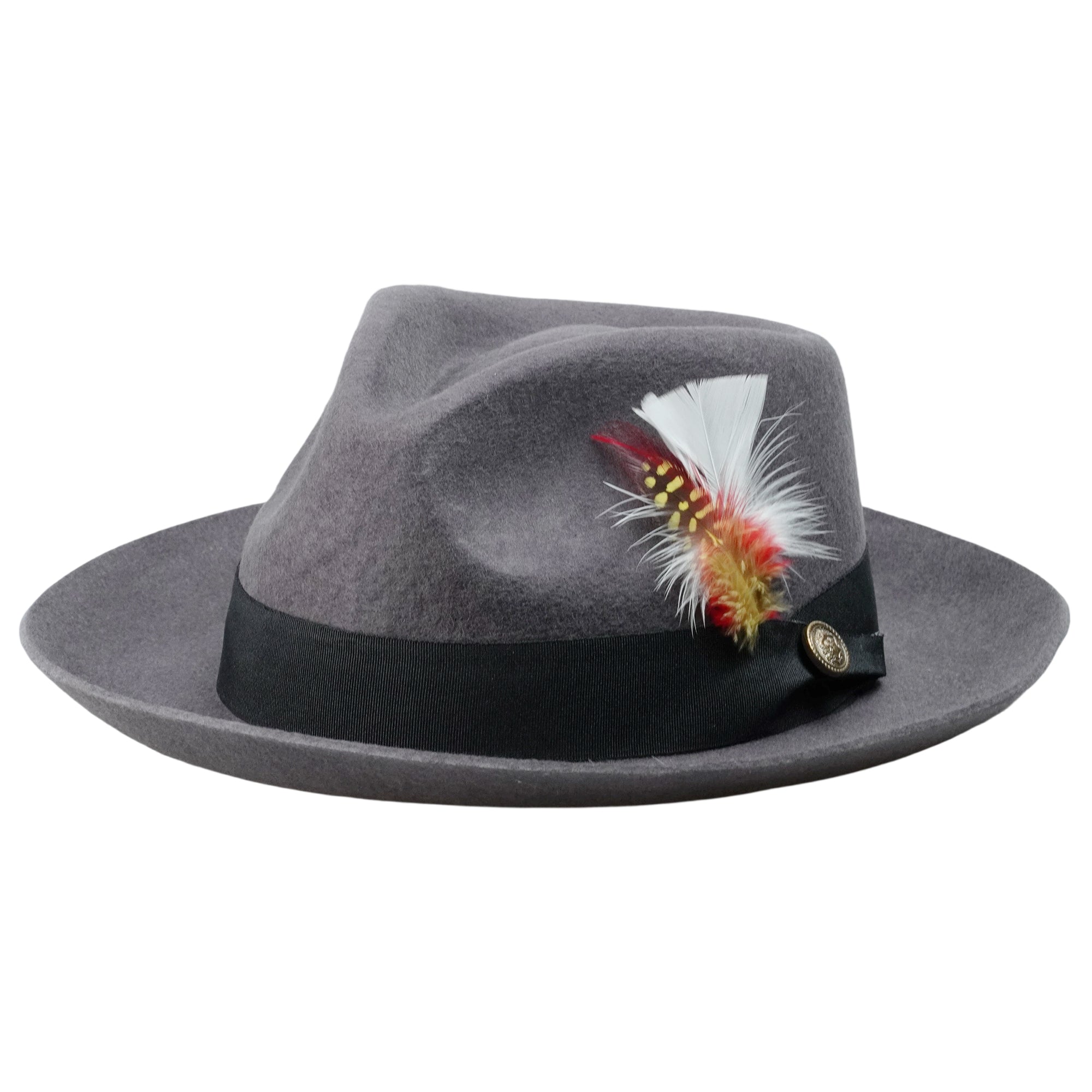 Gray Rolled Brim Fedora with Feather & Metal Buckle