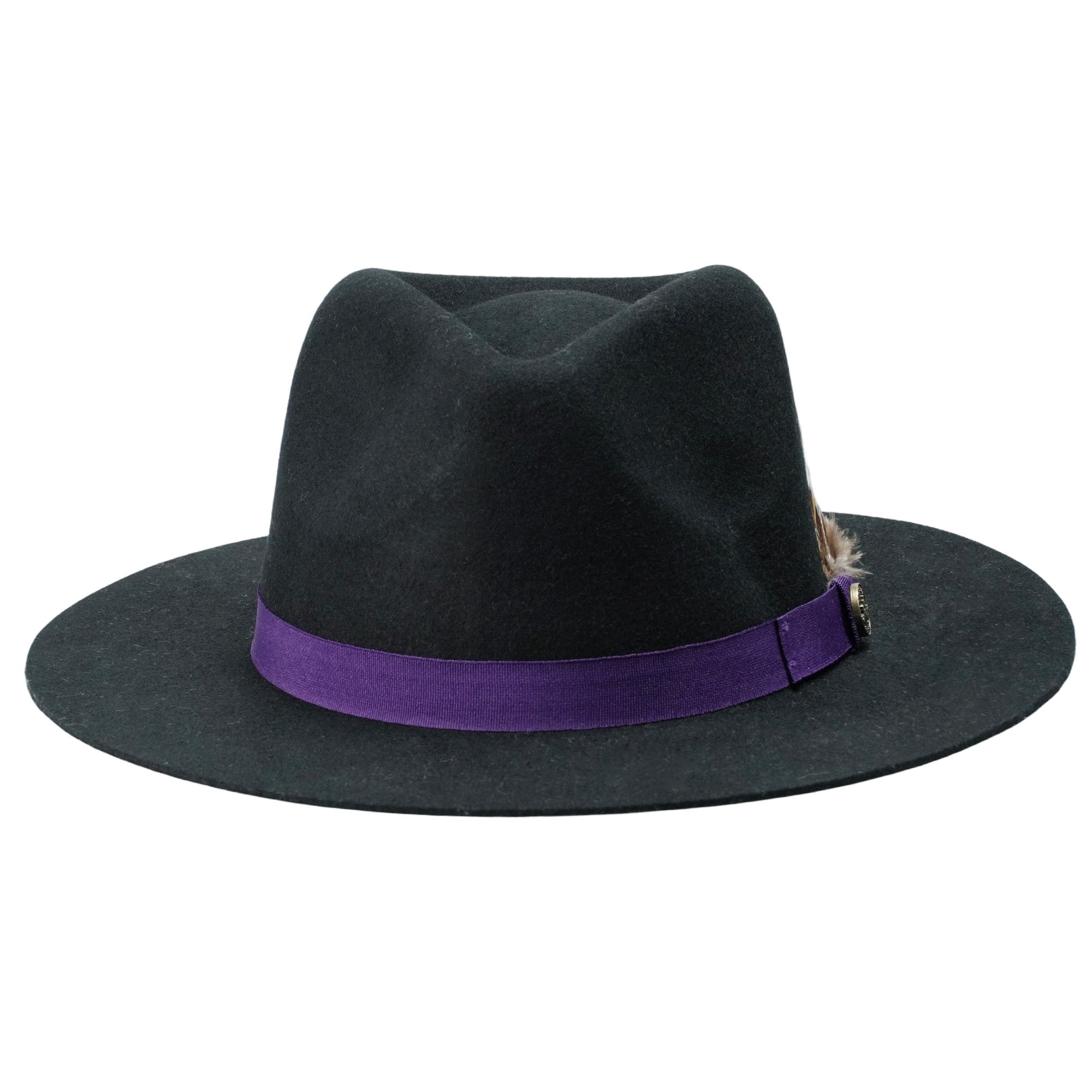 Black Flat Brim Felt Hat with Purple Band