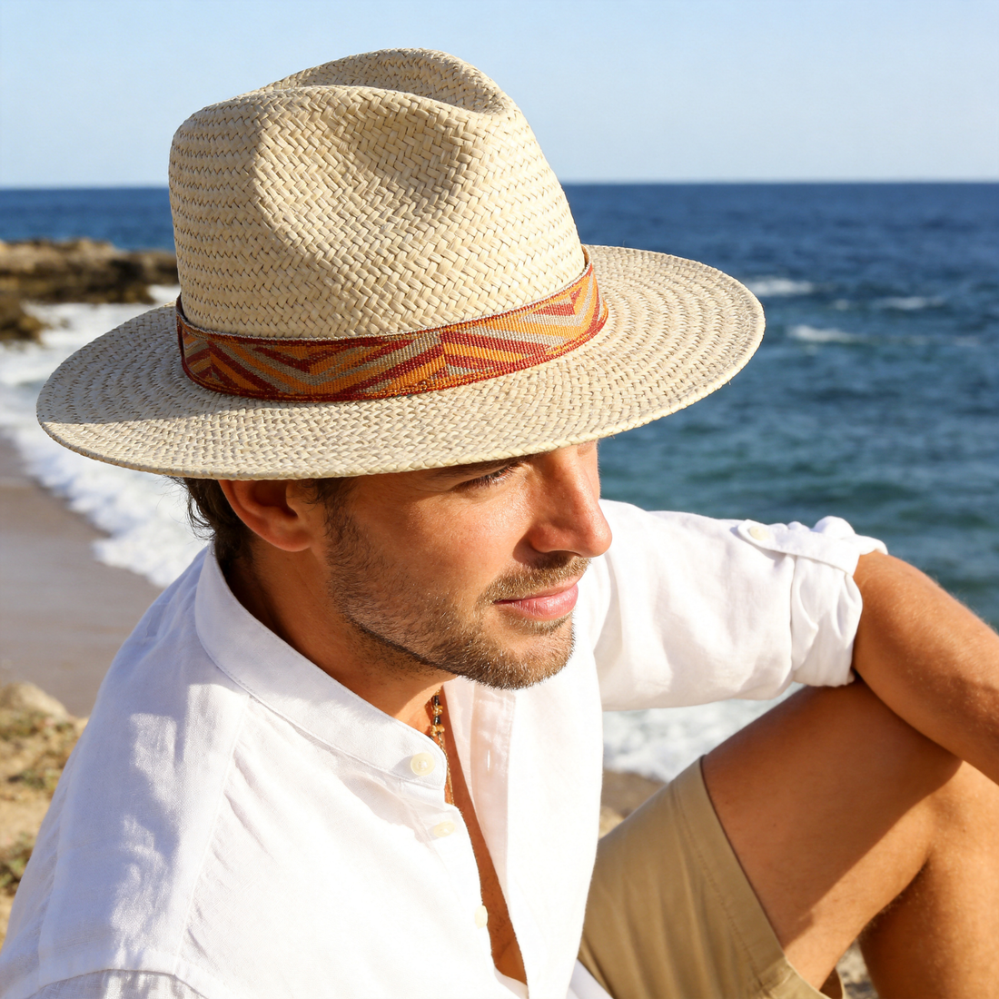 Beige Straw Hat – Woven Orange-Yellow Trim