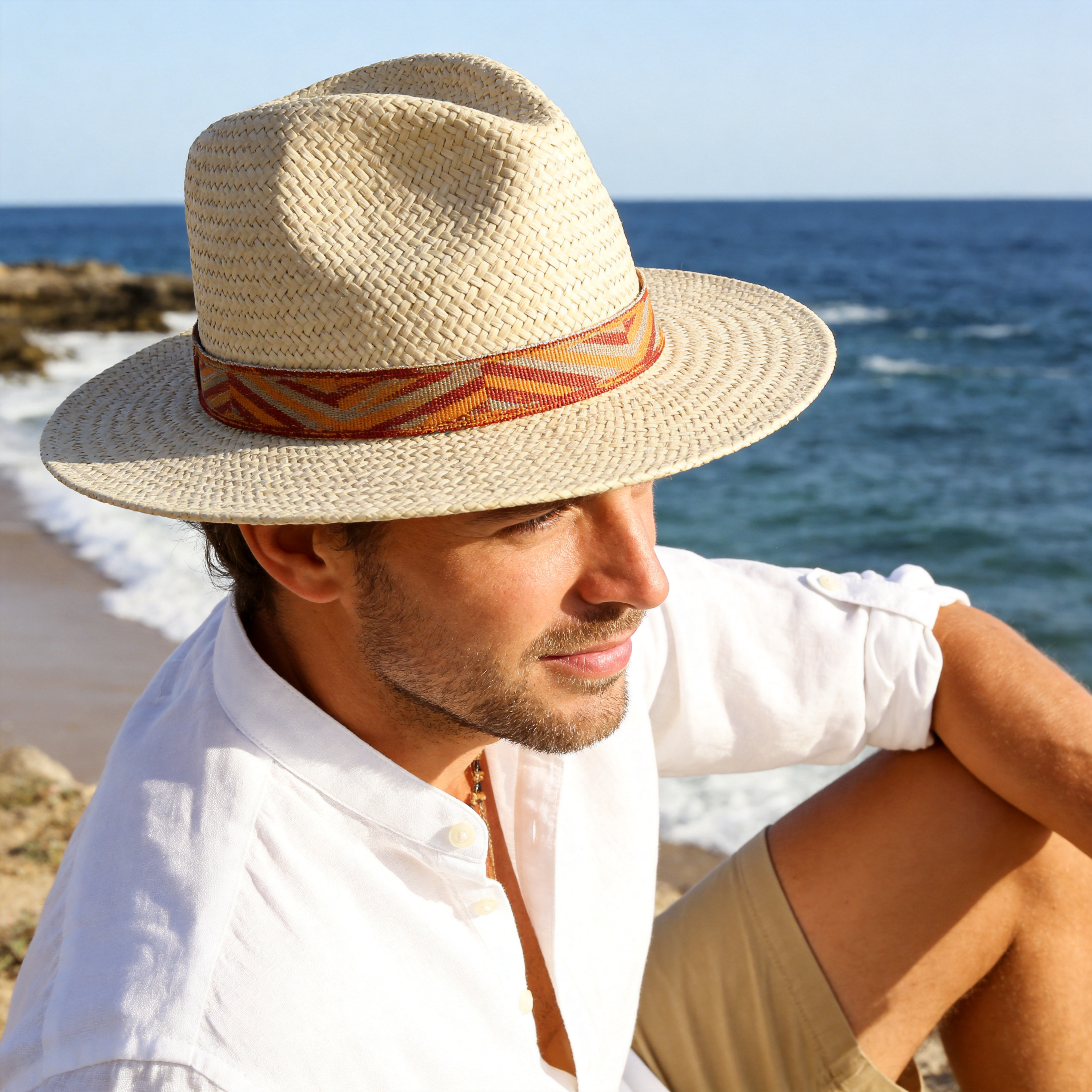 Beige Straw Hat – Woven Orange-Yellow Trim