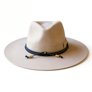 Beige Flat-Brim Hat – Custom Band & Metal Bead
