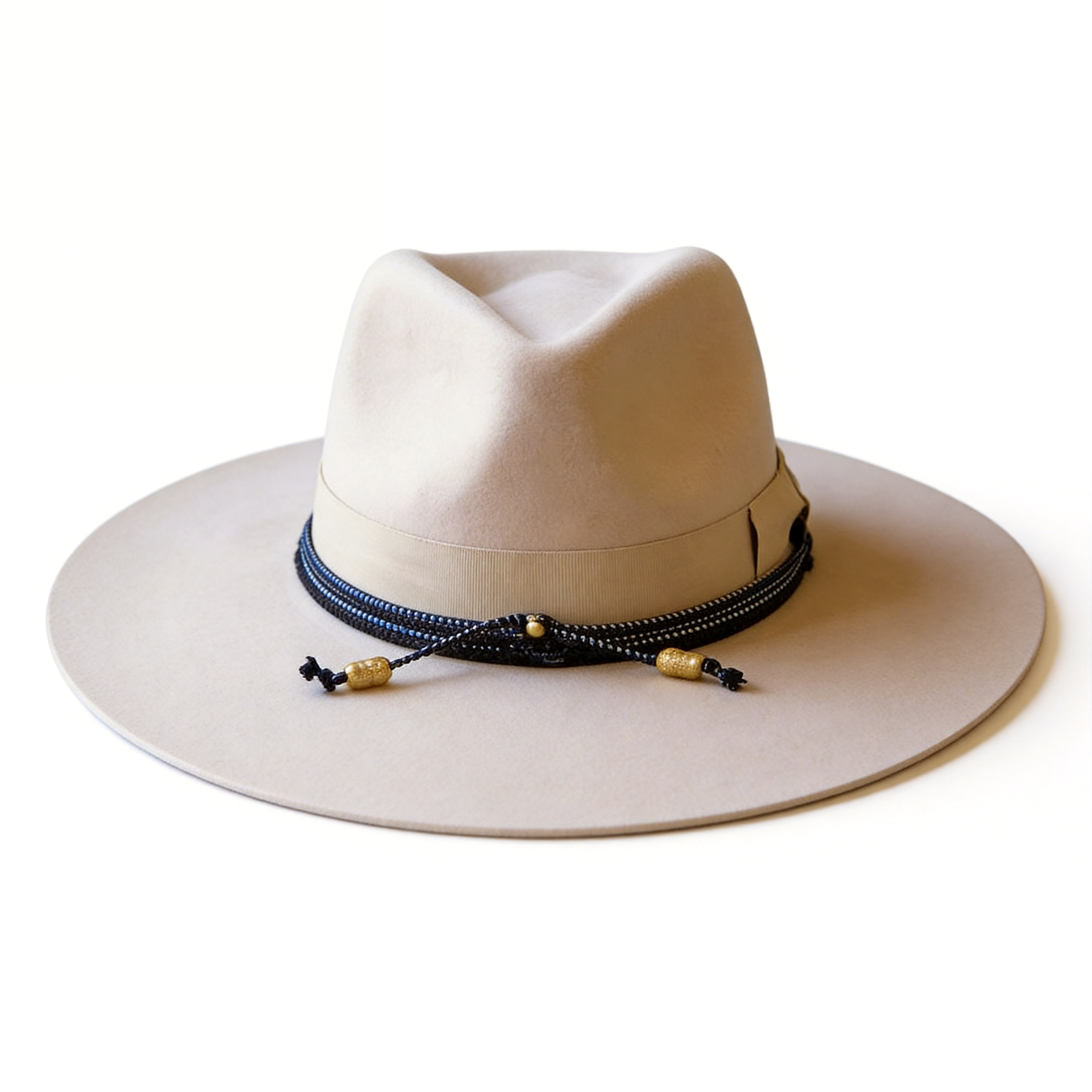 Beige Flat-Brim Hat – Custom Band & Metal Bead