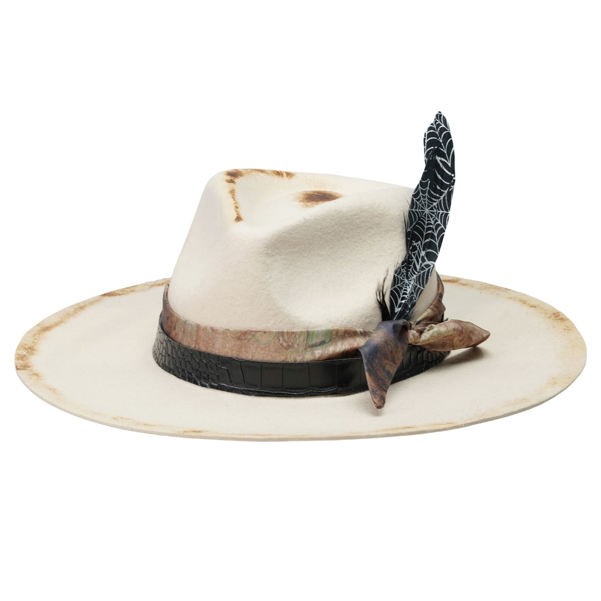 Edgy Felt Hat: Ornate Fabric, Leather, Delicate Feathers
