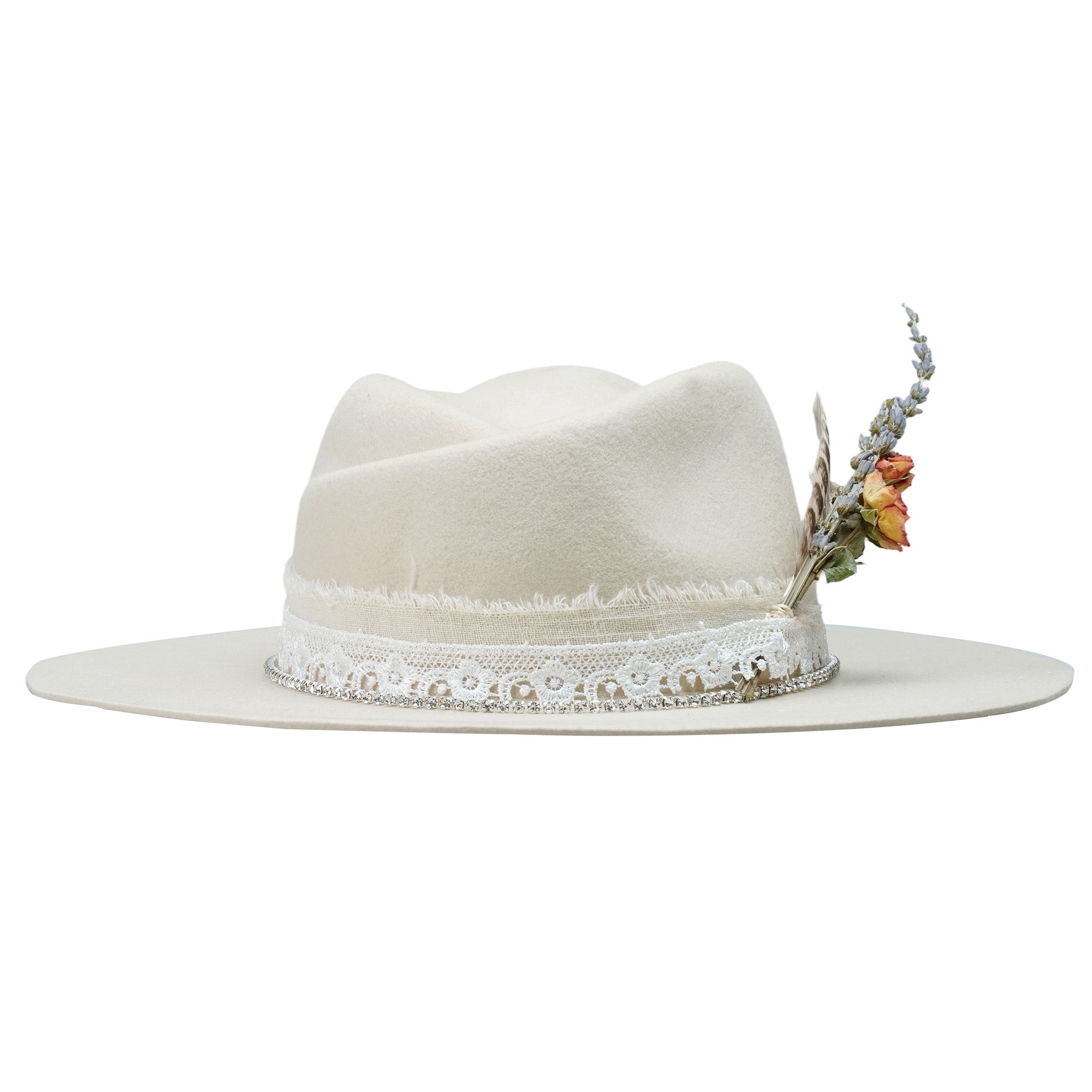 Cream Felt Fedora with Lace Band & Diamond Chain