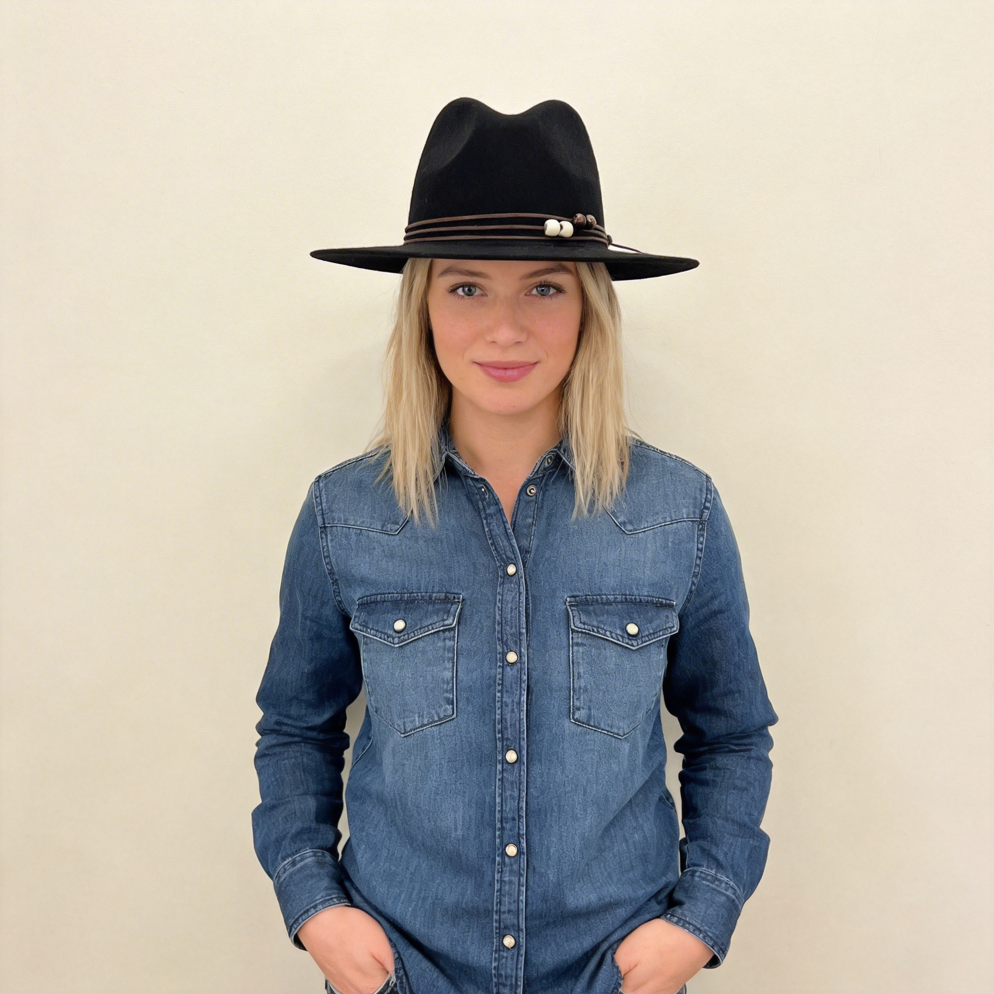 Black Flat-Brim Fedora – Custom Beaded Band