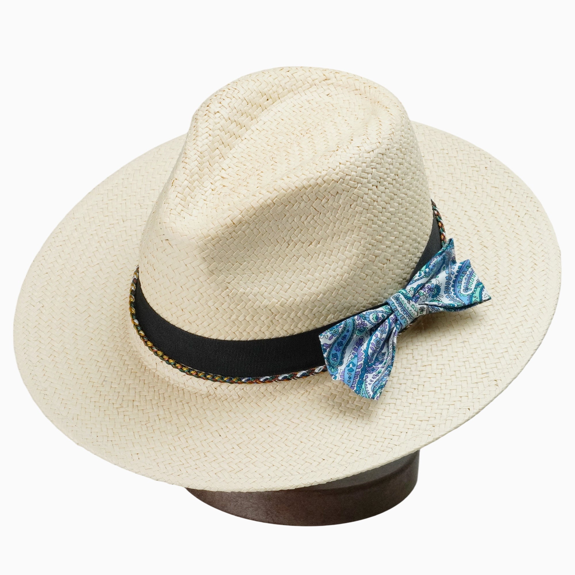 Beige Breathable Straw Fedora with Black Band & Paisley Bow