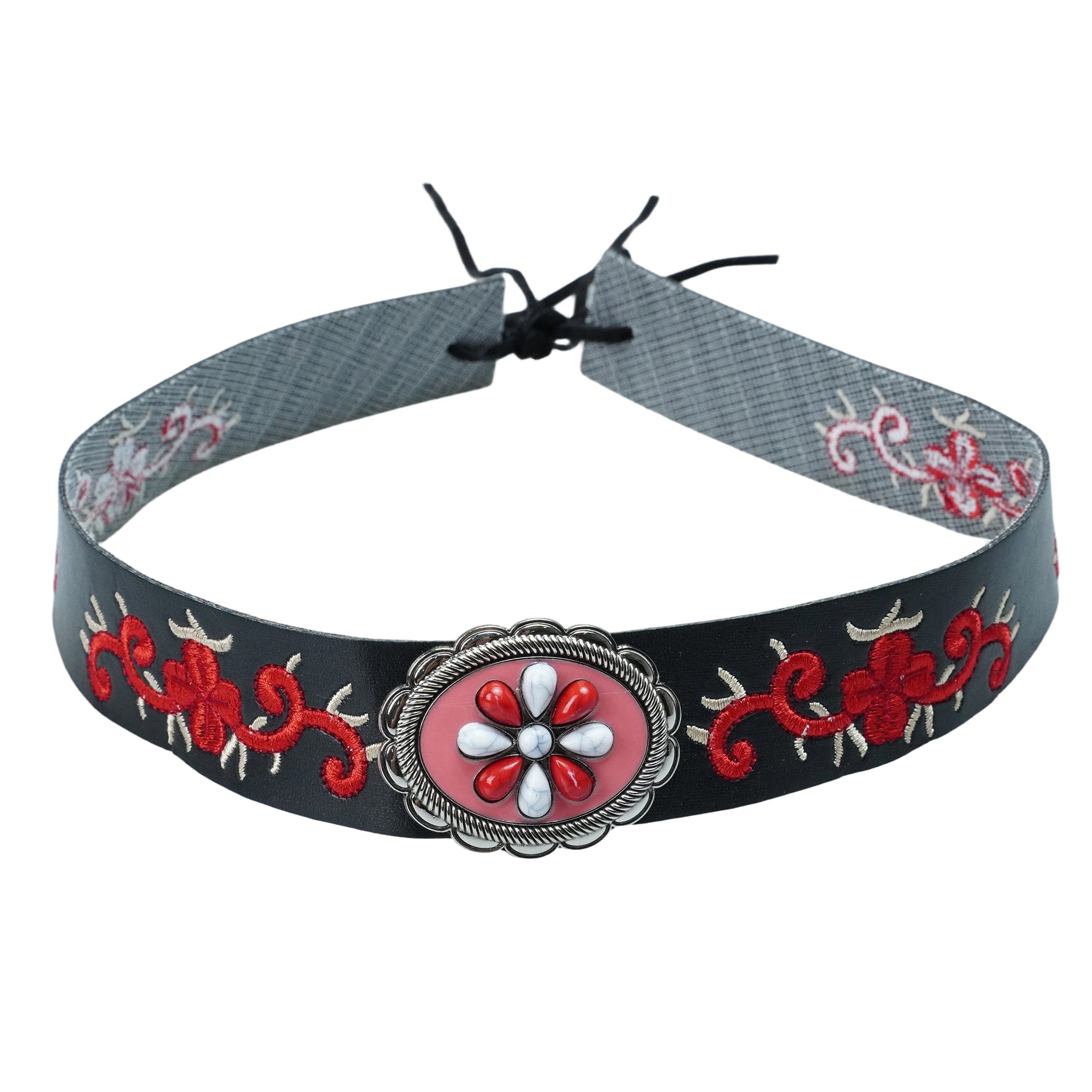 FLORAL EMBROIDERY METAL LEATHER HAT BAND