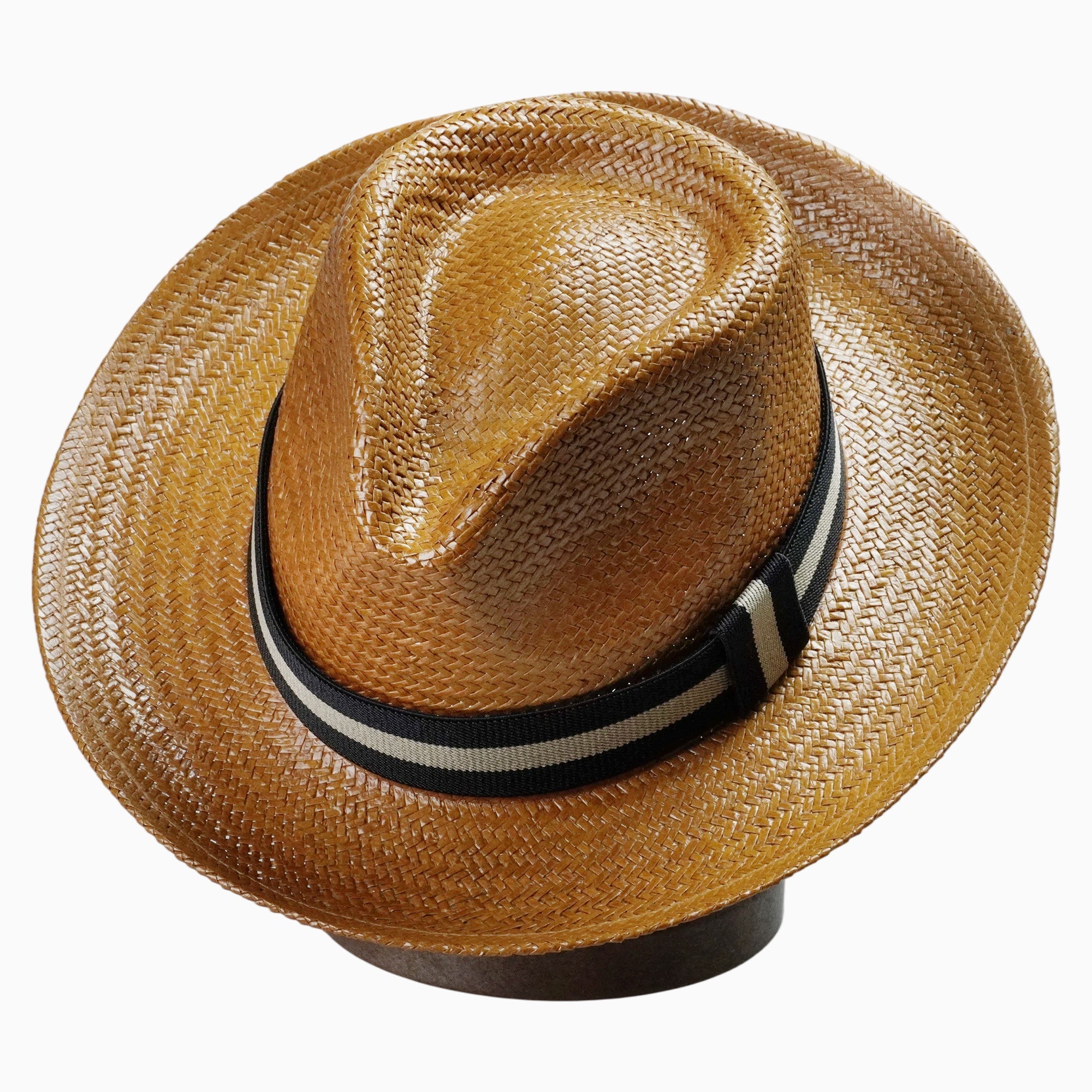 Natural Brown Straw Fedora with Striped Contrast Hatband