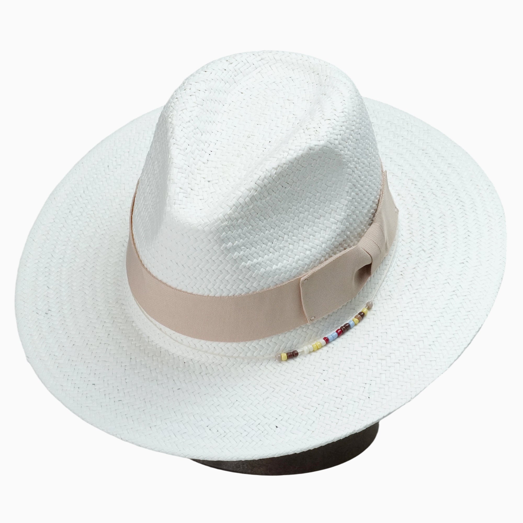 White Breathable Straw Fedora with Beige Ribbon & Beaded Trim