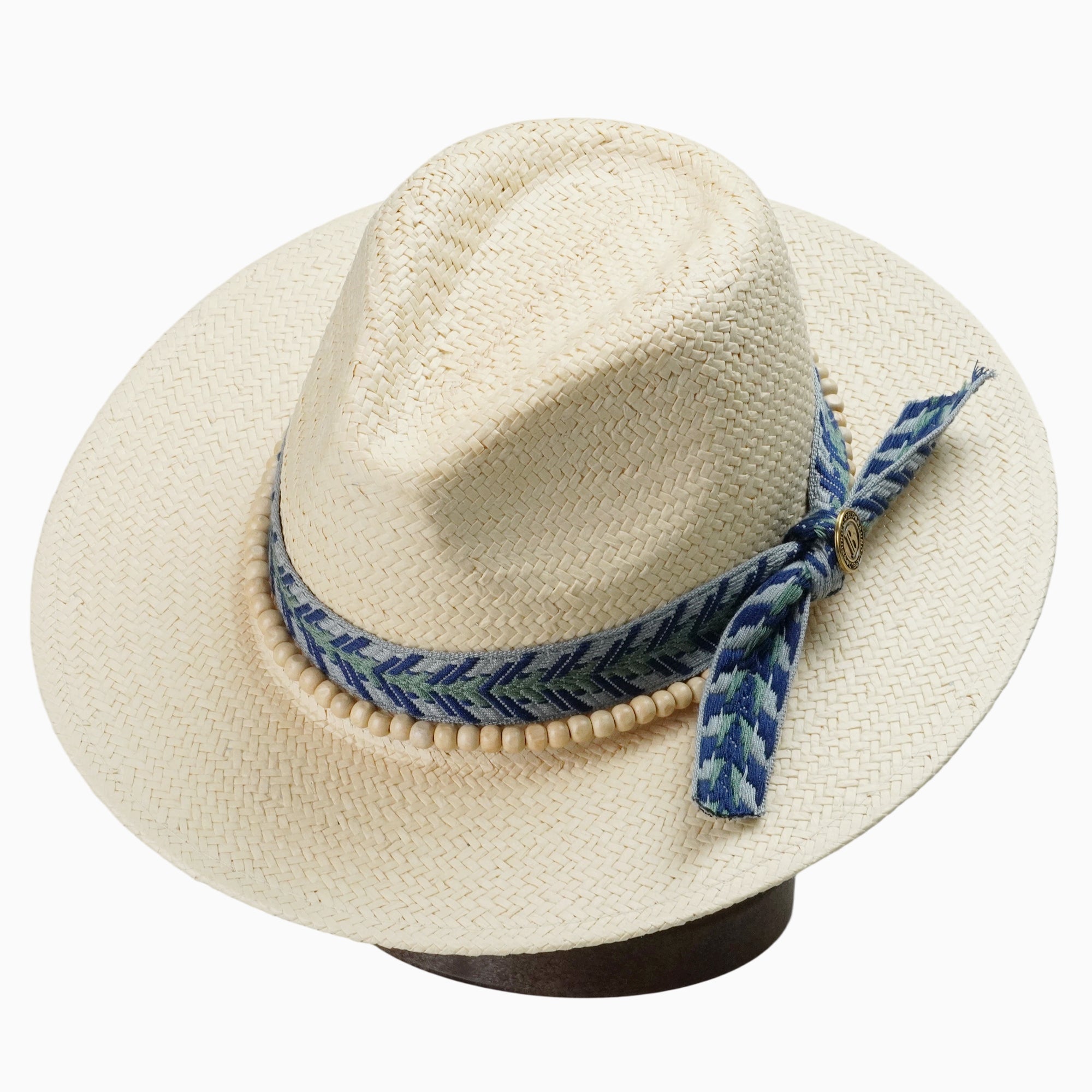 Beige Breathable Straw Fedora with Geometric Tribal Band & Wood Beads