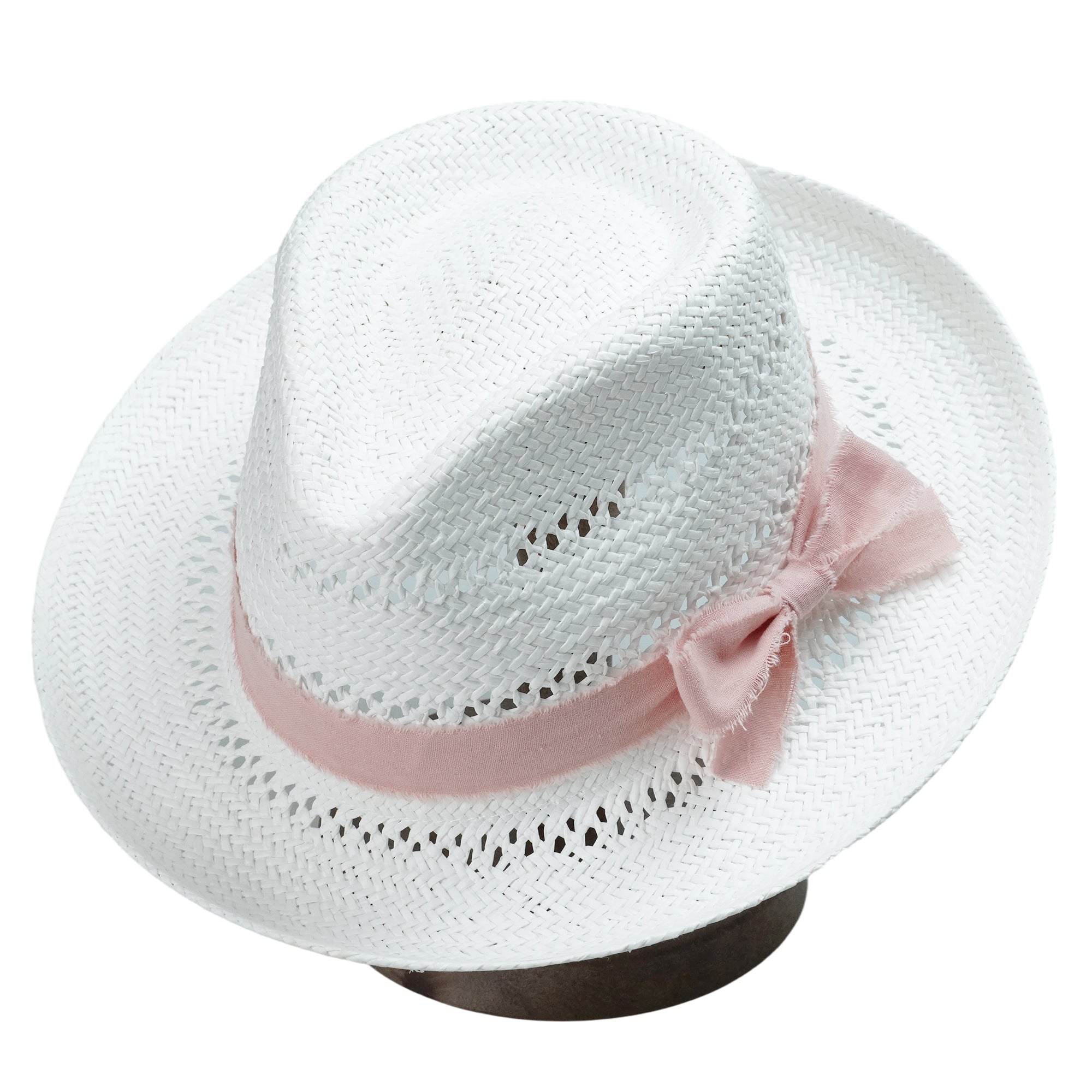 White Straw Hat with Cutout Crown & Light Pink Bow