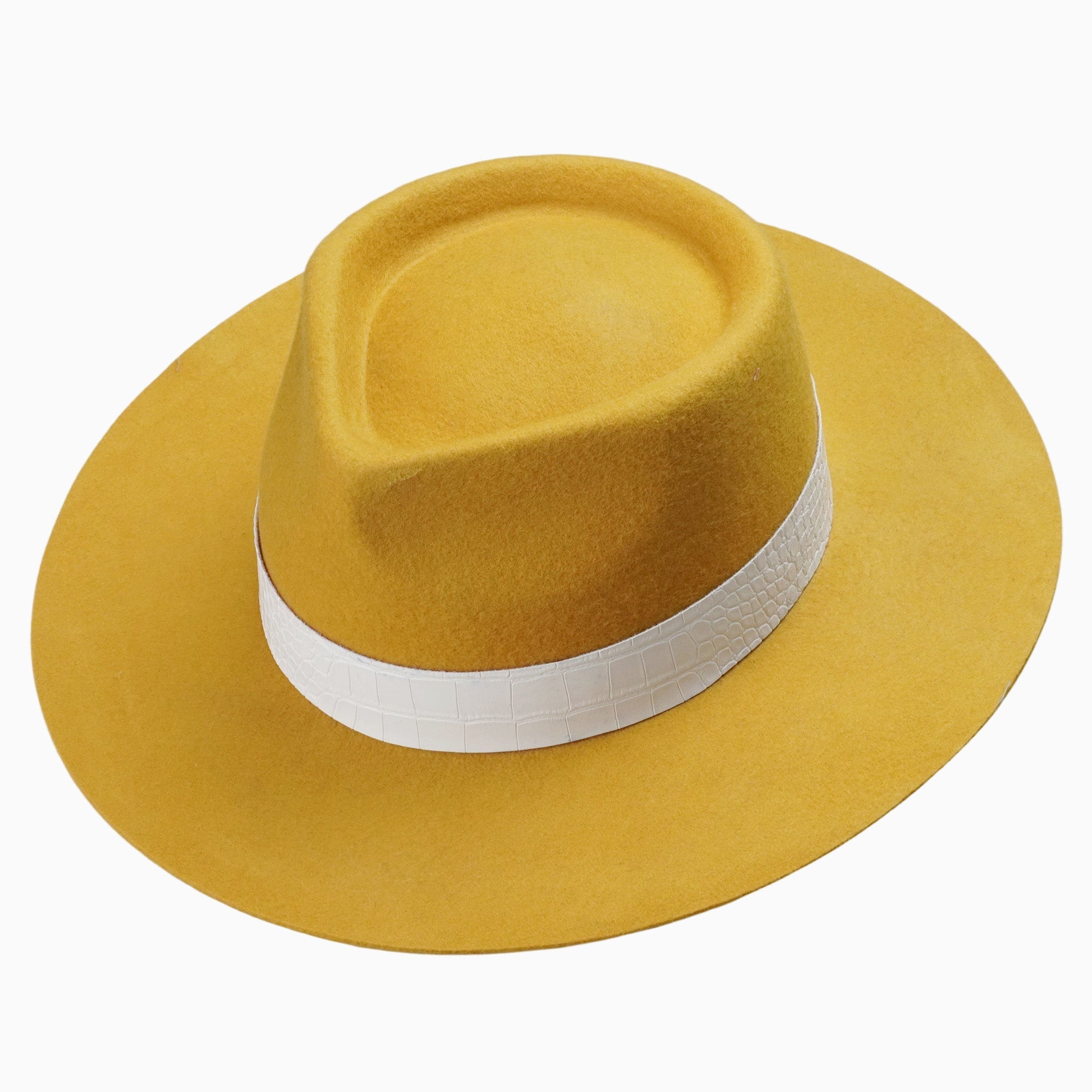 Mustard Yellow Felt Fedora with White Crocodile-Texture Band