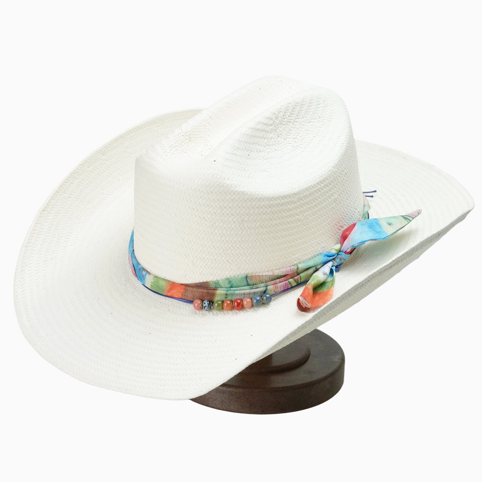 Off-White Breathable Straw Fedora with Vibrant Printed Band & Colorful Beads