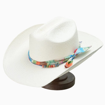 Off-White Breathable Straw Fedora with Vibrant Printed Band & Colorful Beads