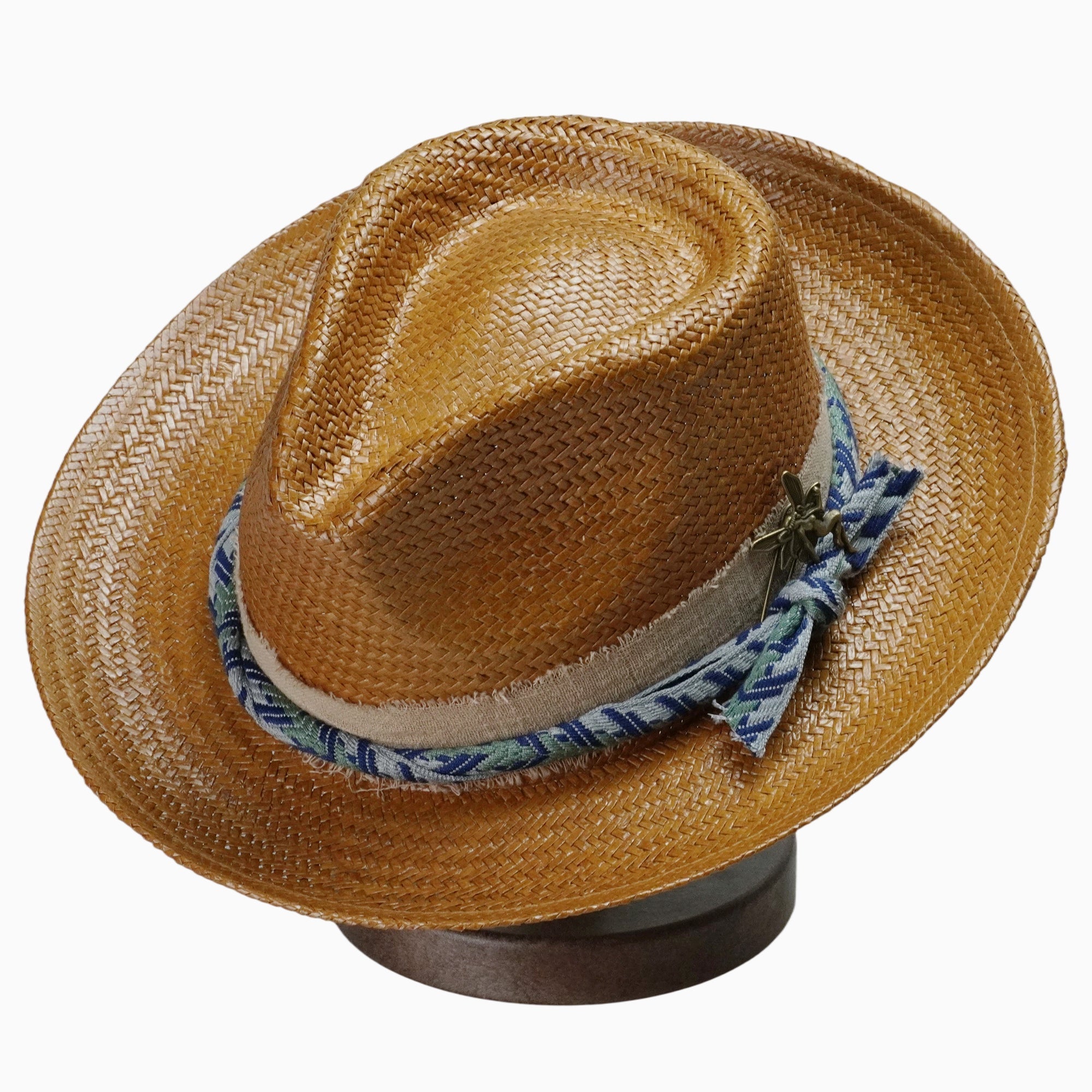Caramel-Tone Straw Fedora with Layered Distressed Fabric and Woven Band