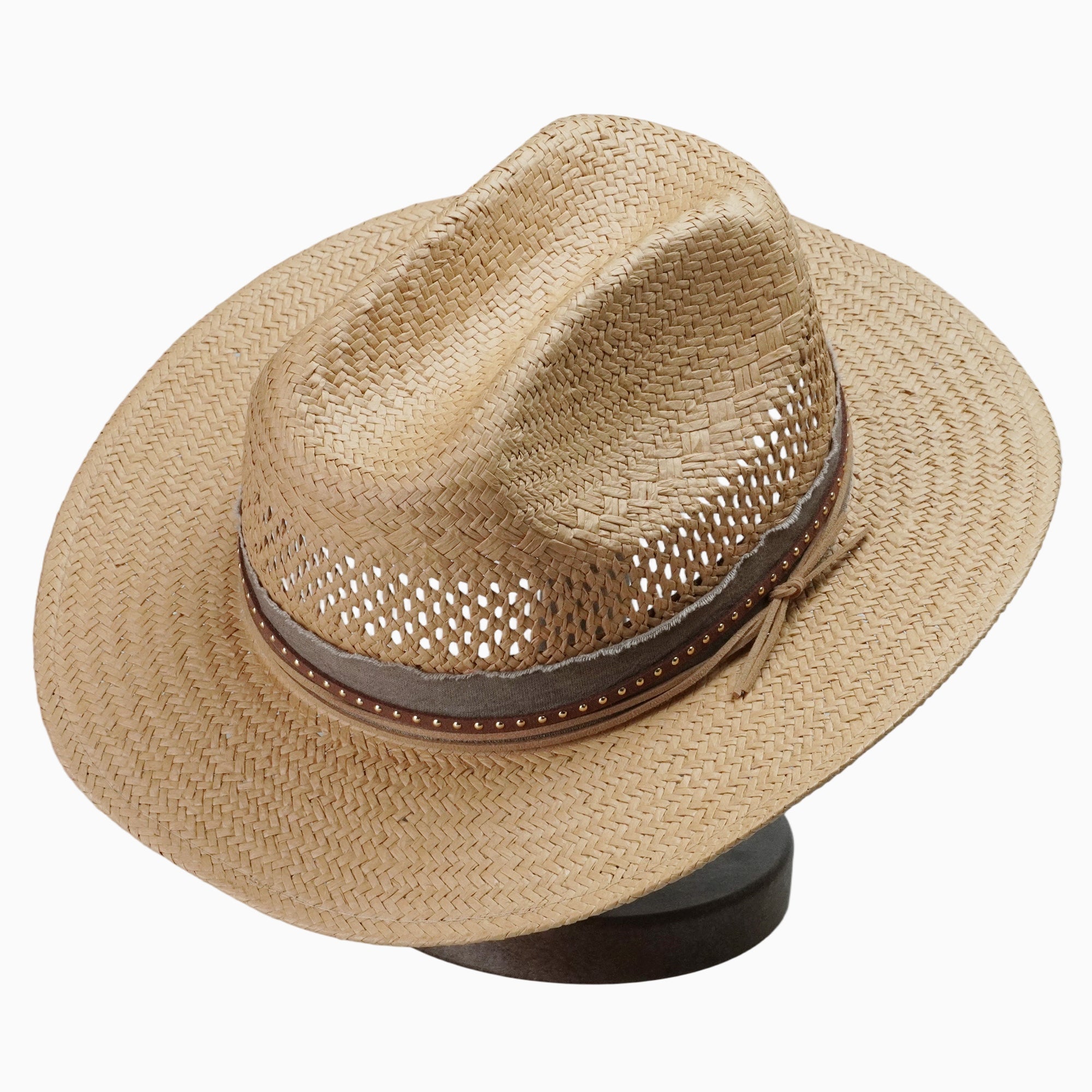 Light Brown Breathable Straw Fedora with Studded Leather-Trim Band