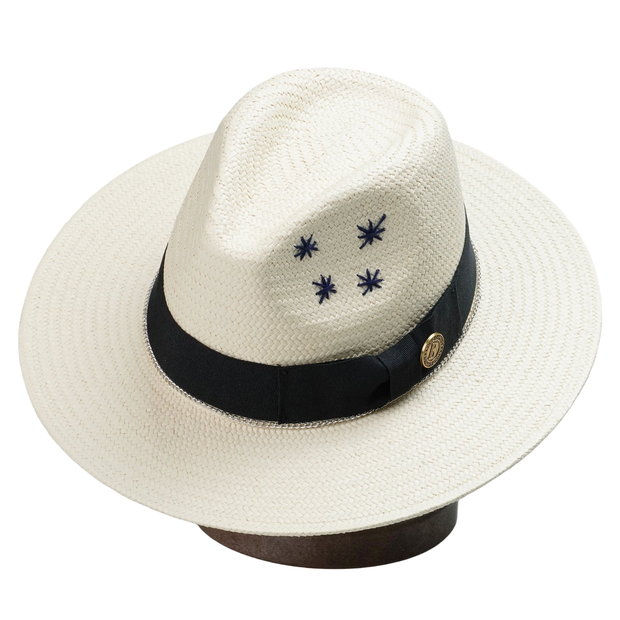Off-White Straw Hat with Silver Chain & Star Stitching