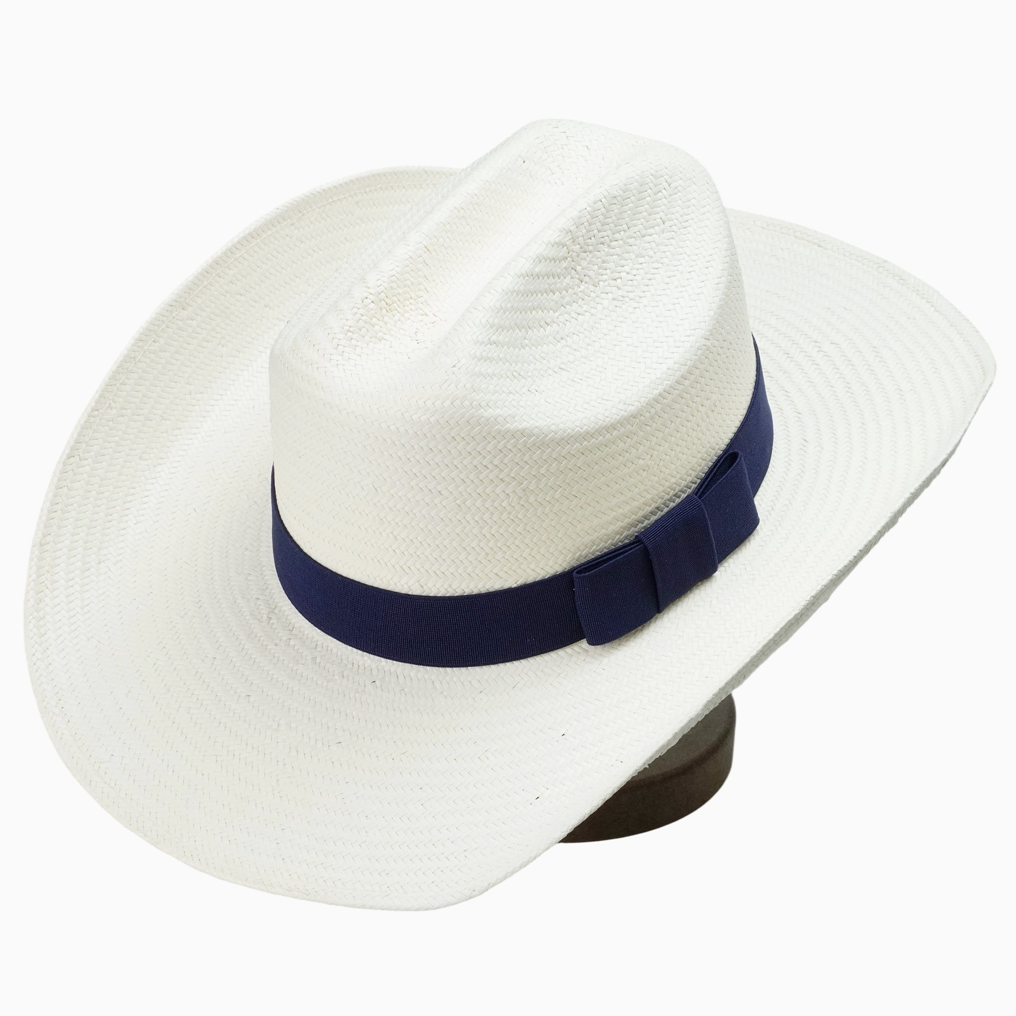 Light Off-White Breathable Straw Fedora with Navy Ribbon & Side Bow