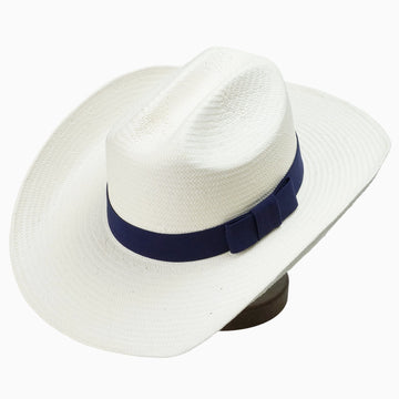 Light Off-White Breathable Straw Fedora with Navy Ribbon & Side Bow