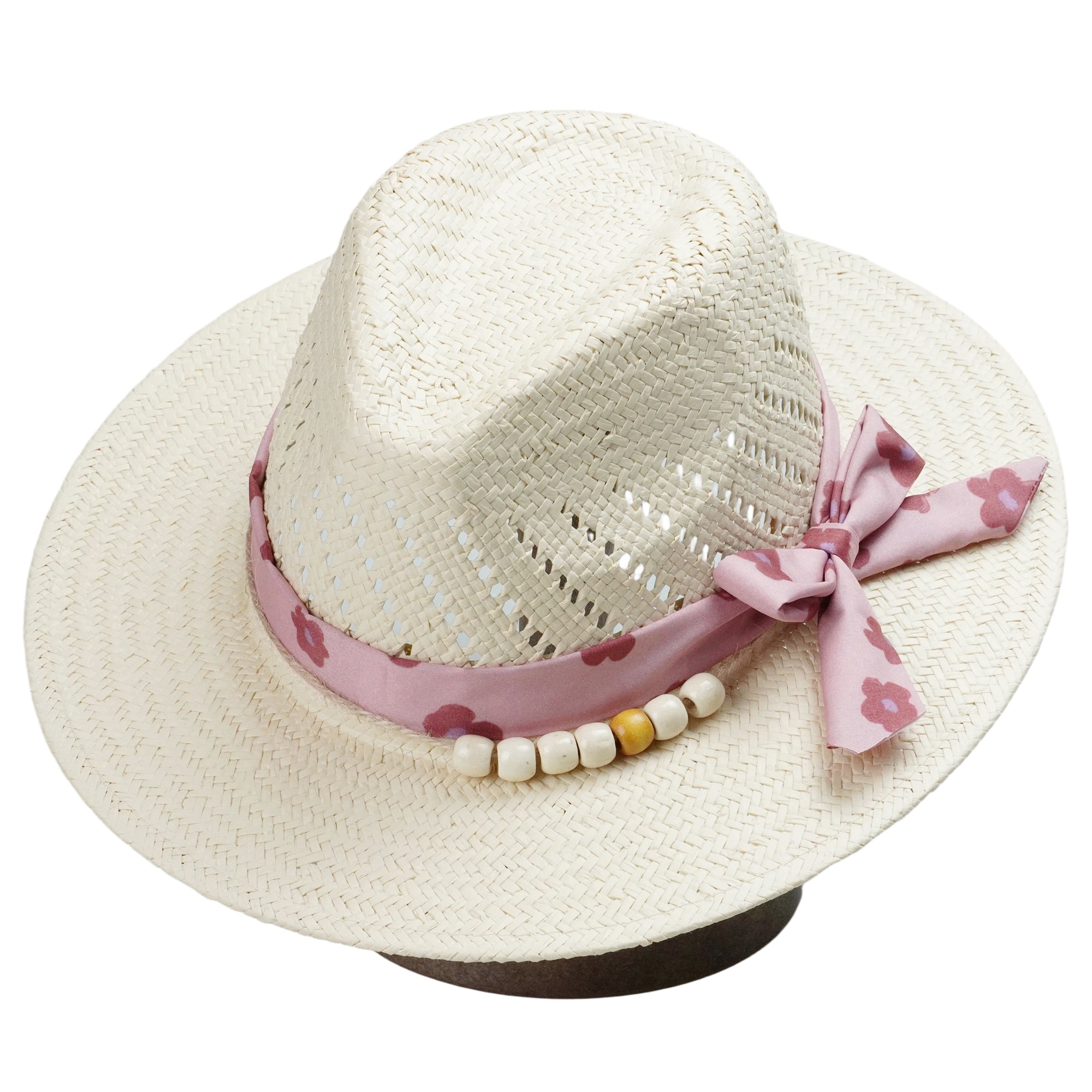 Off-White Straw Hat - Classic Teardrop with Pink Flower Strap
