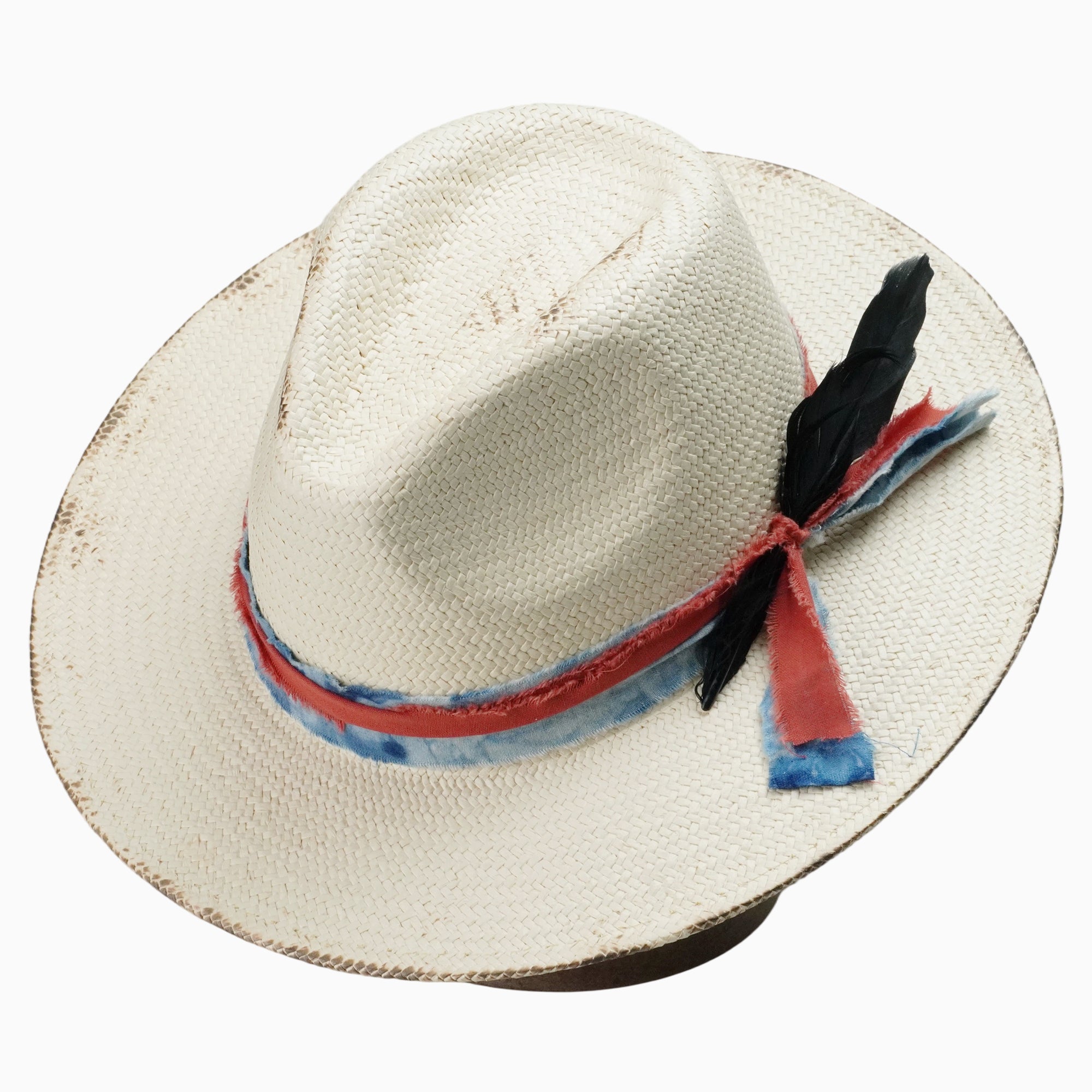 Beige Breathable Straw Fedora with Distressed Feather Band