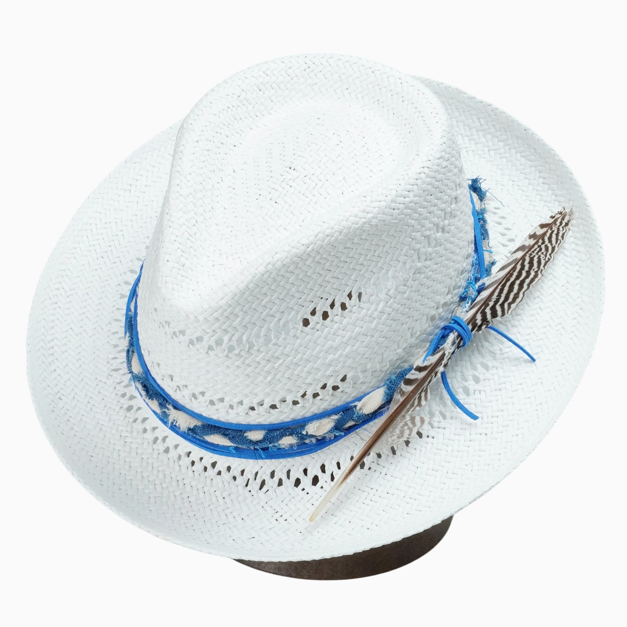 White Breathable Straw Fedora with Blue Woven Band & Feather Accent
