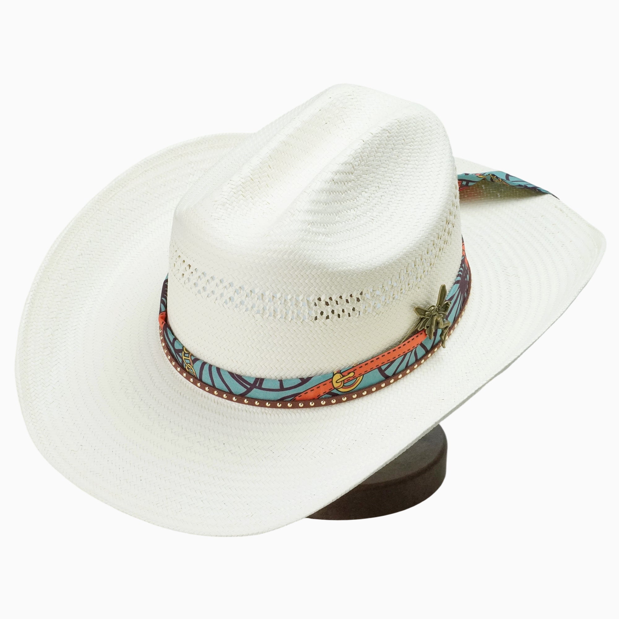 Light Off-White Breathable Straw Fedora with Printed Scarf & Fairy Charm
