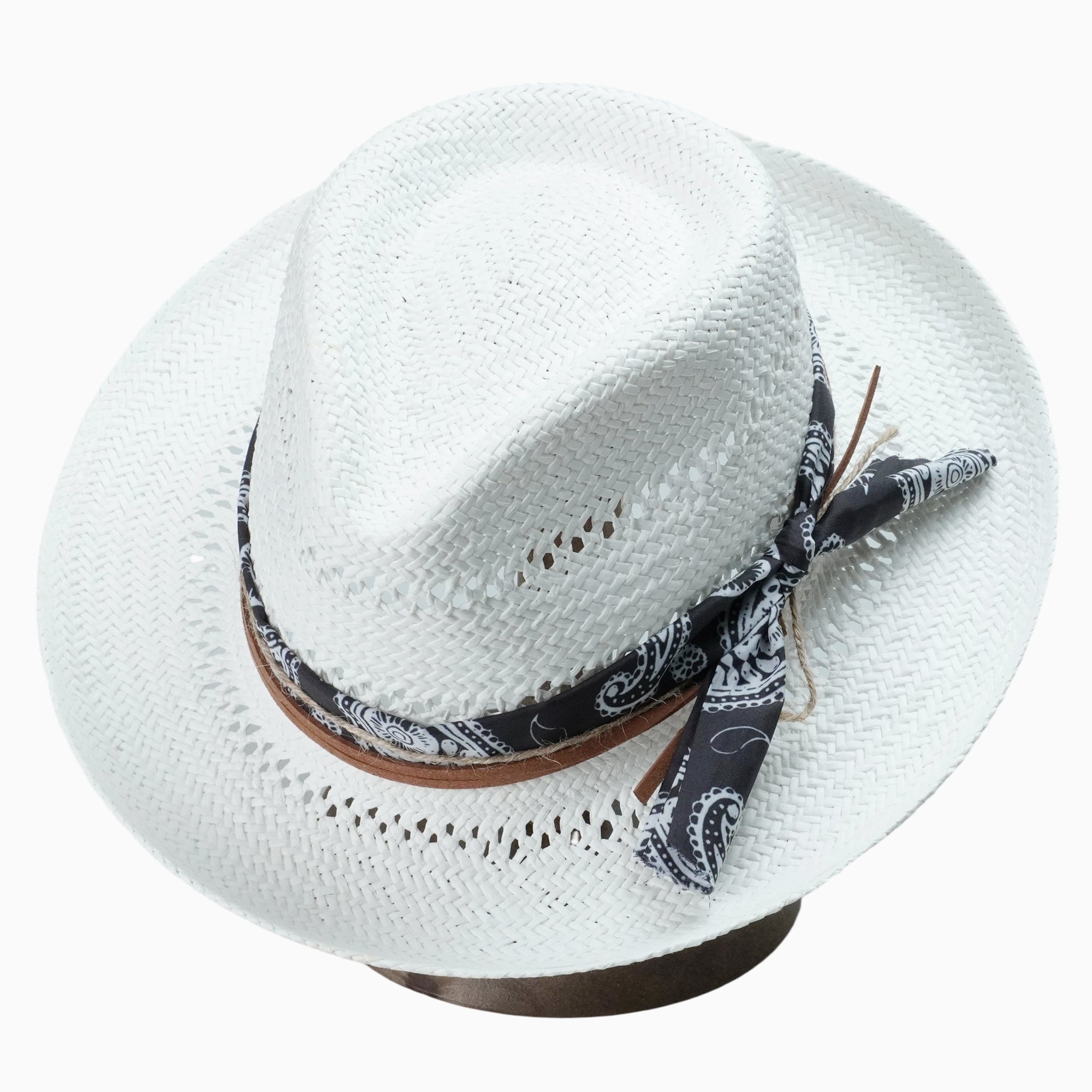 White Breathable Straw Fedora with Classic Paisley Band & Leather Cord