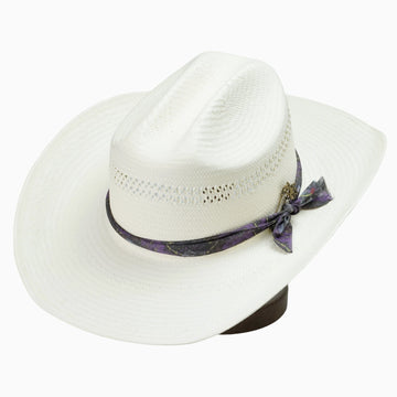 Off-White Breathable Straw Fedora with Patterned Ribbon & Bronze Cat Pin