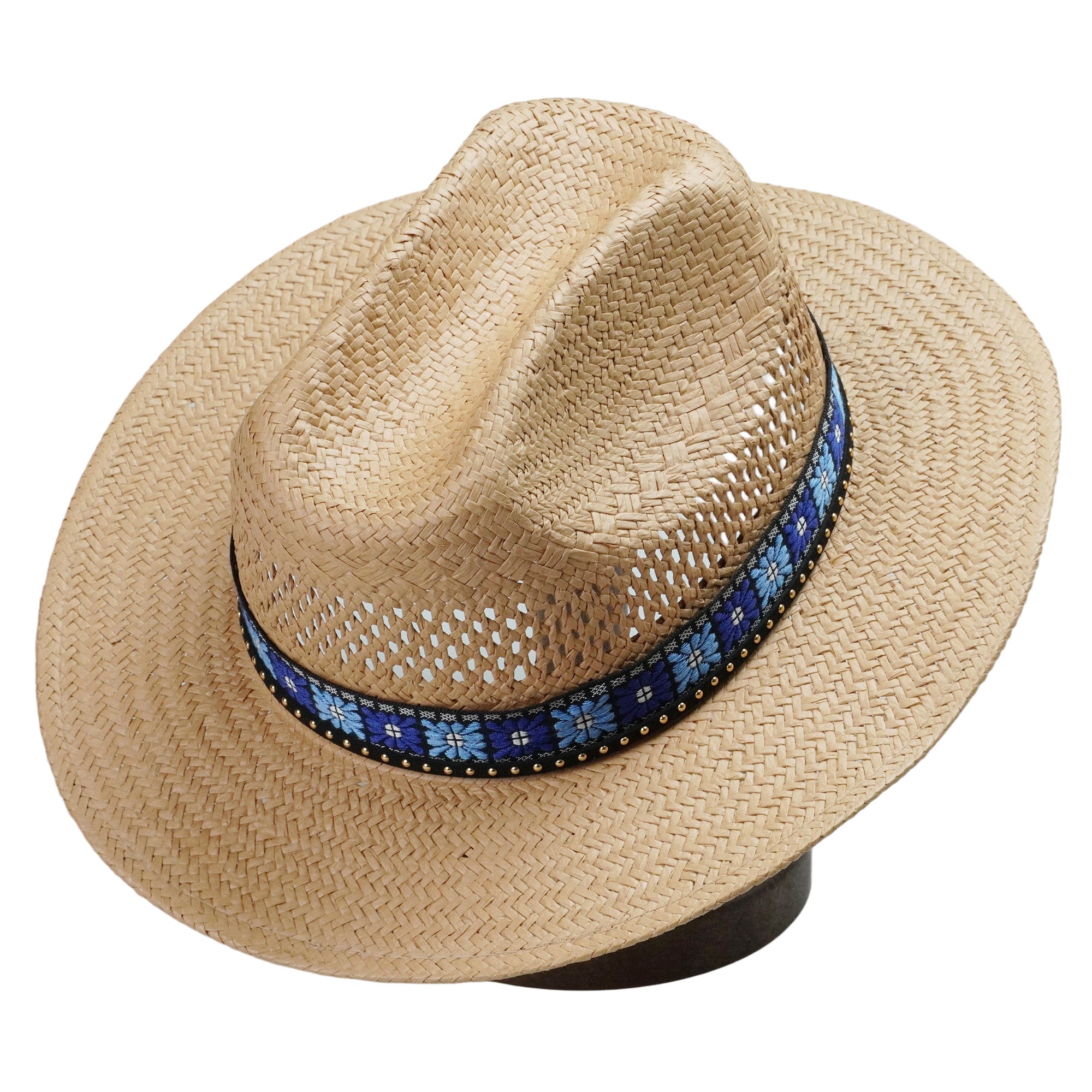 Light Brown Straw Hat with Blue Print Band & Black Cord