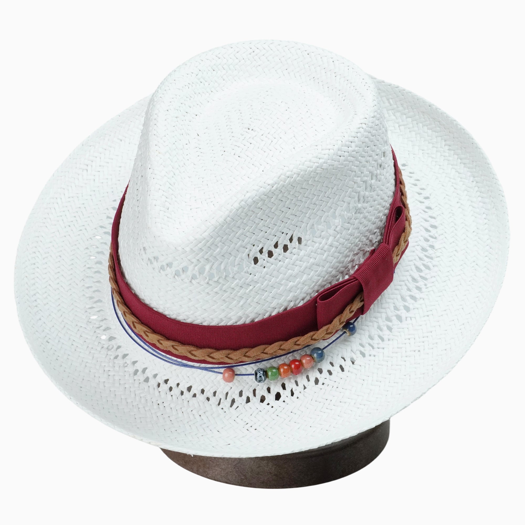 White Breathable Straw Fedora with Burgundy Ribbon & Beaded Cord