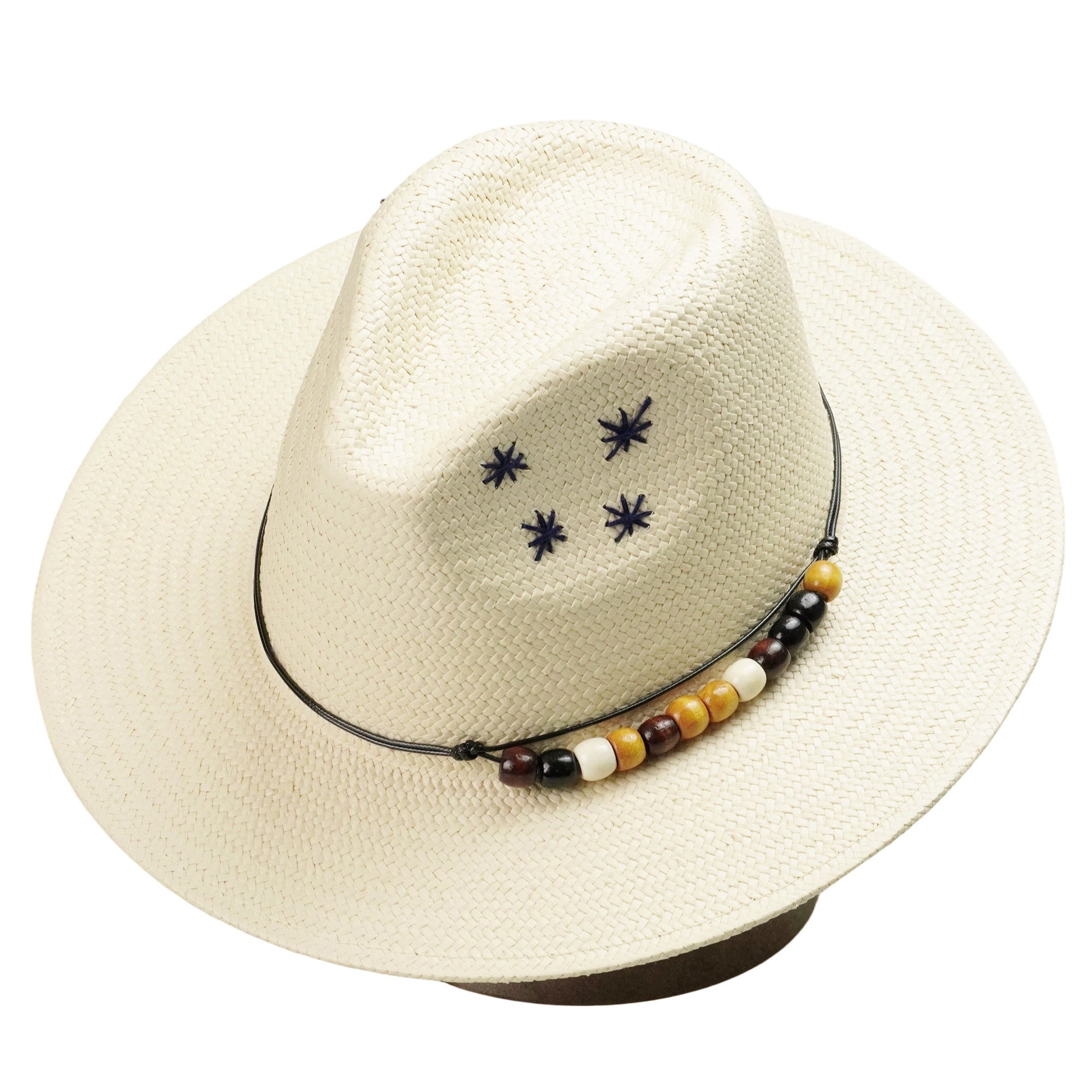 Beige Straw Hat with Colorful Beads & Star Stitching