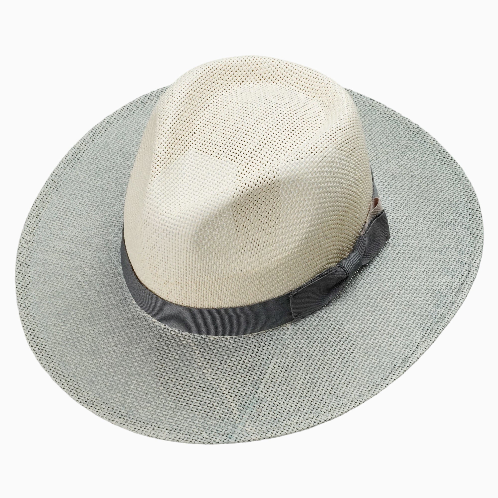 Two-Tone Off-White & Grey Straw Hat with Grey Ribbon Bow