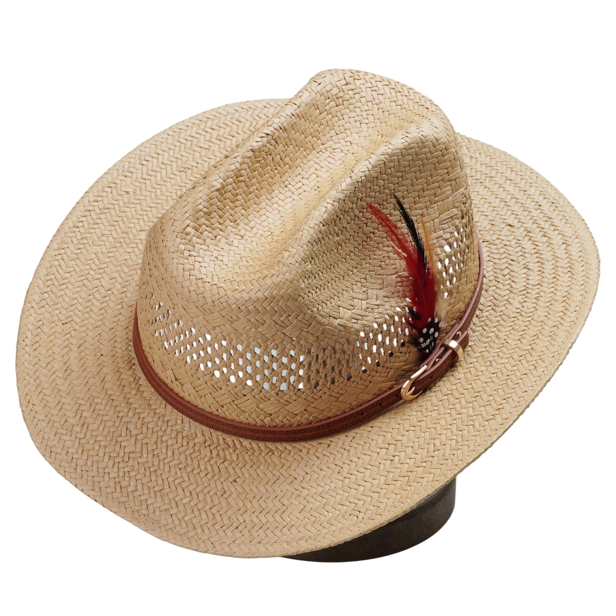Light Brown Straw Hat with Printed Leather Band & Feather