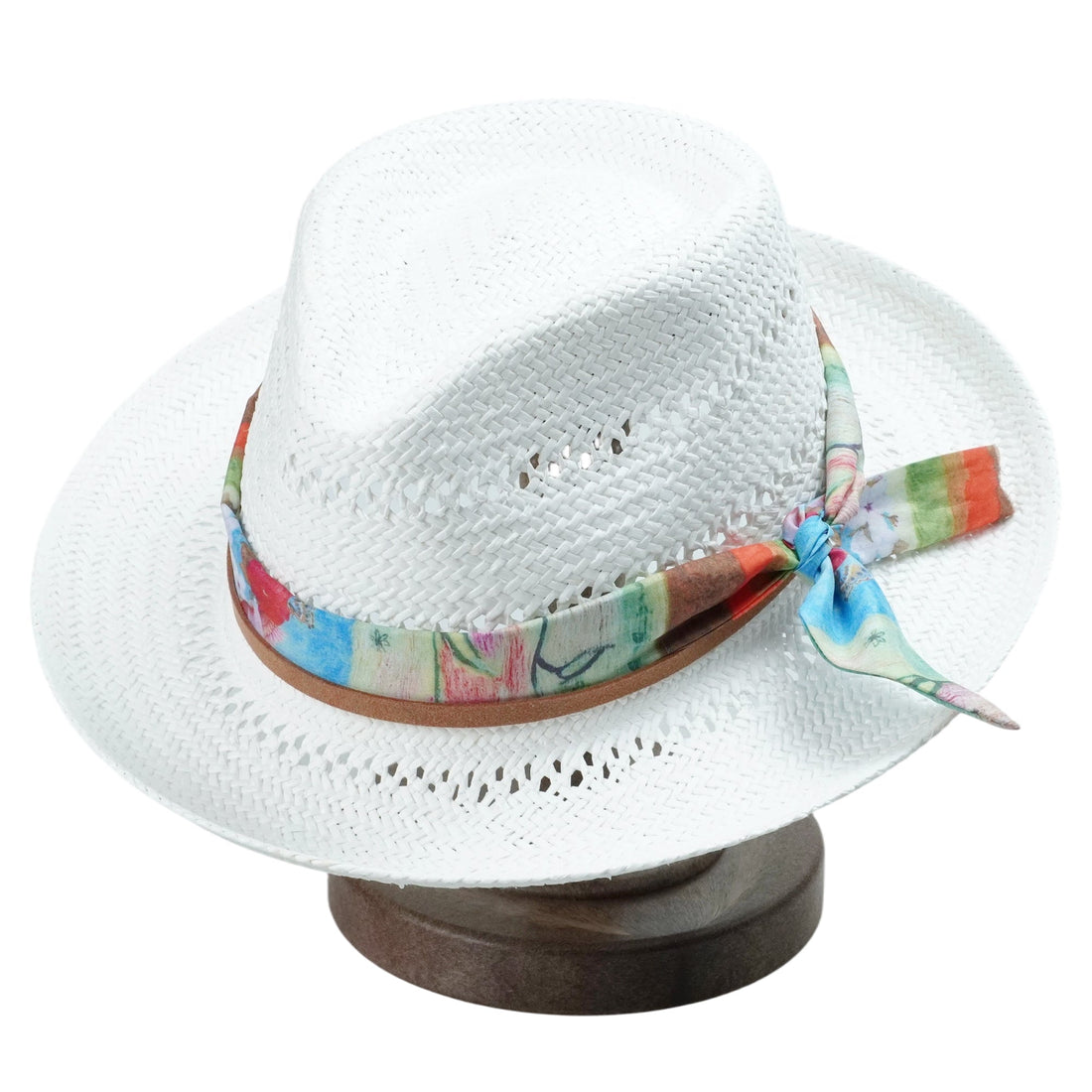 White Straw Hat - Hollow Design with Colorful Fabric Accent