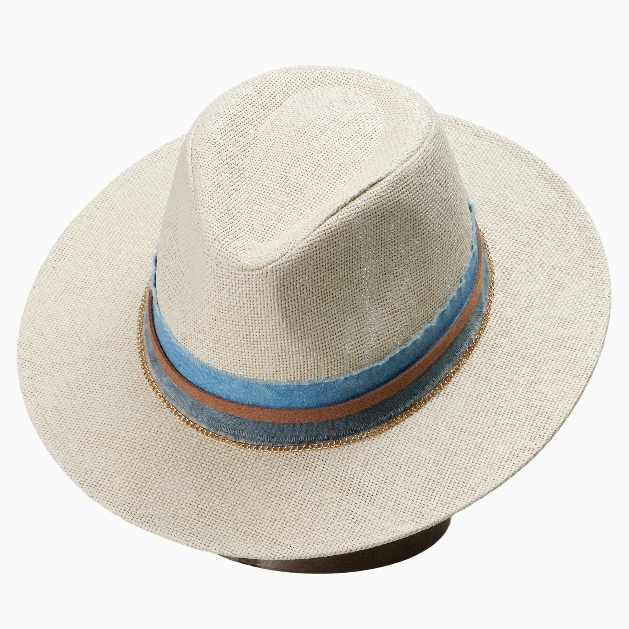 White Breathable Straw Fedora with Blue Gradient Scarf & Chain Trim