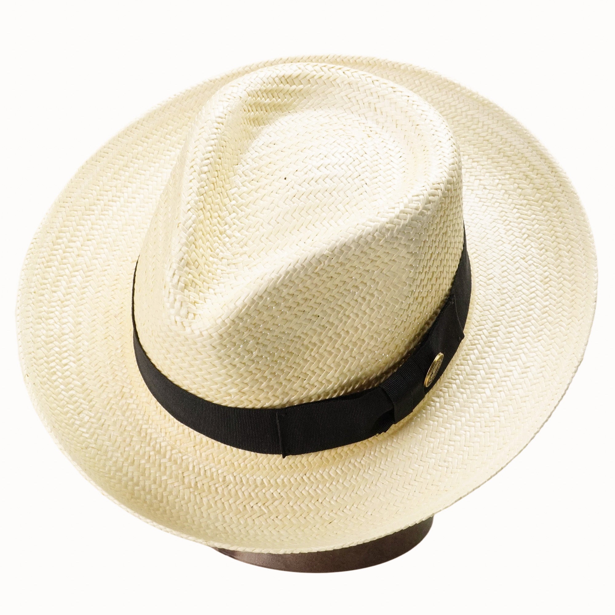 Off-White Breathable Straw Fedora with Gold Logo Accent Ribbon