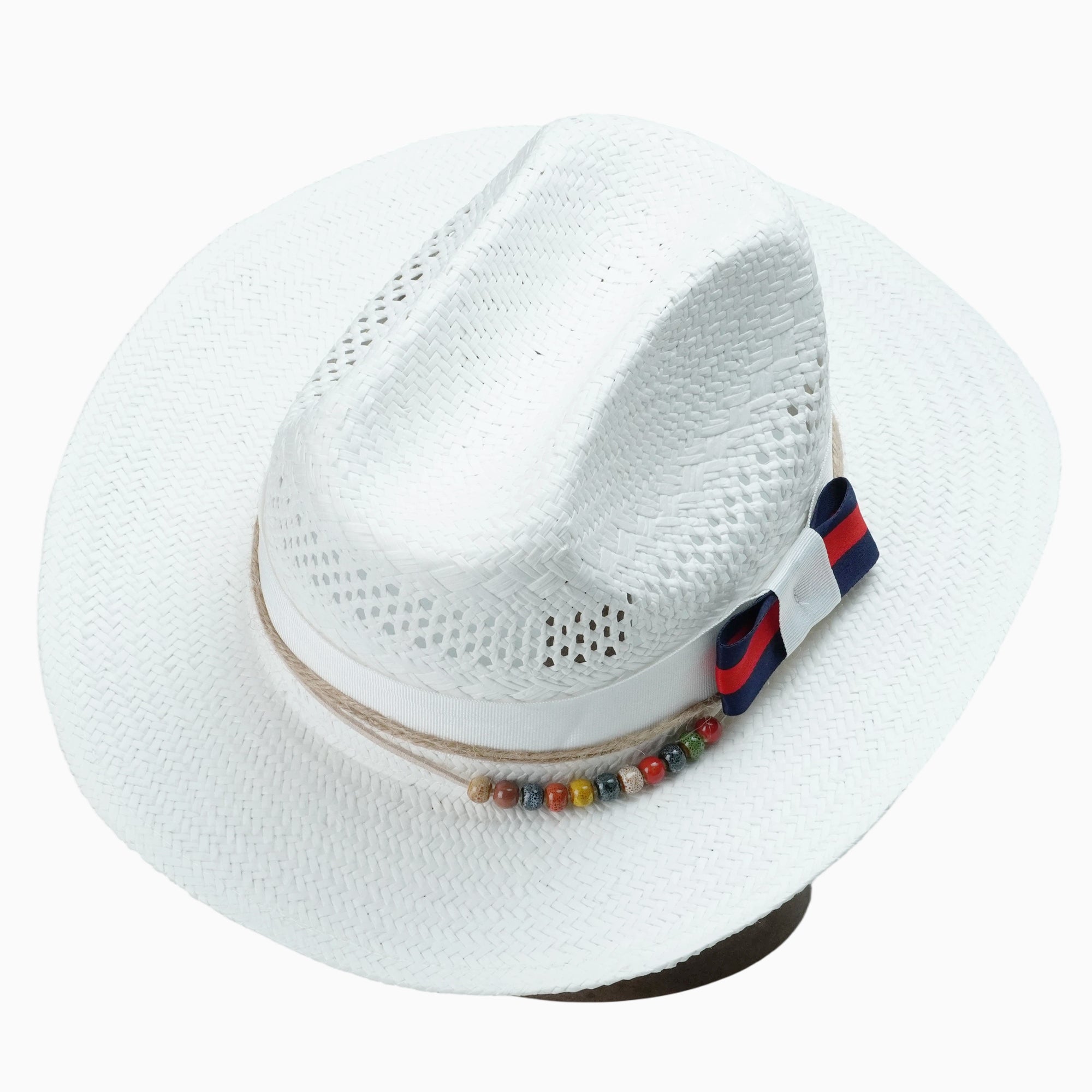 White Breathable Straw Fedora with Striped Bow & Multi-colored Beads