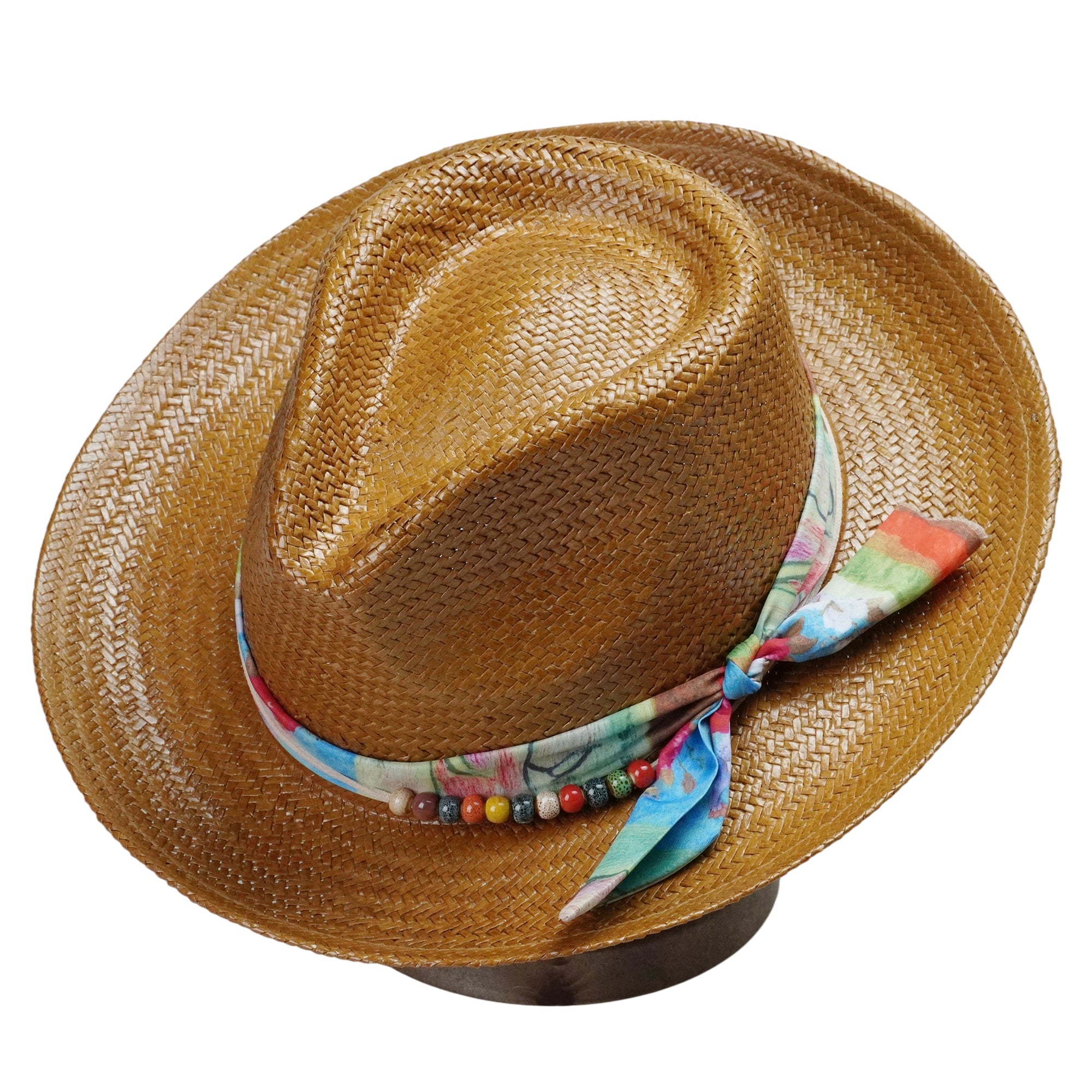 Caramel Straw Hat with Colorful Fabric Band & Beads