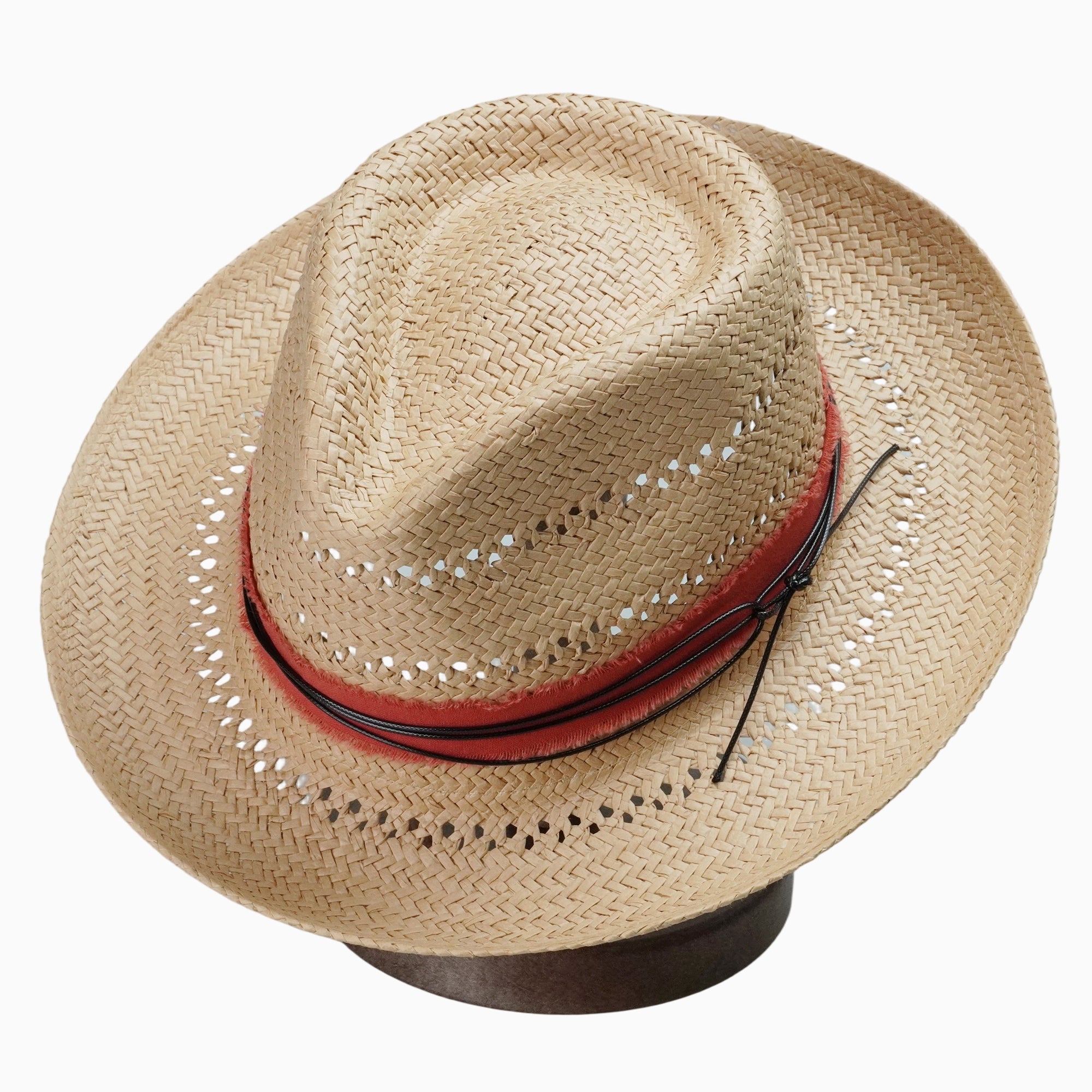 Breathable Straw Fedora with Distressed Red Band & Cord Trim