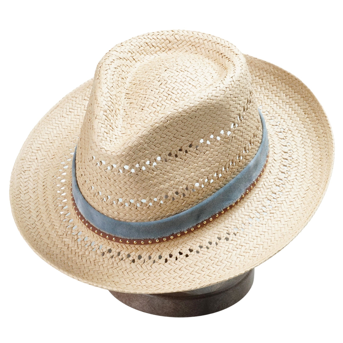 Natural Straw Hat with Cutout Crown & Blue Fabric Band