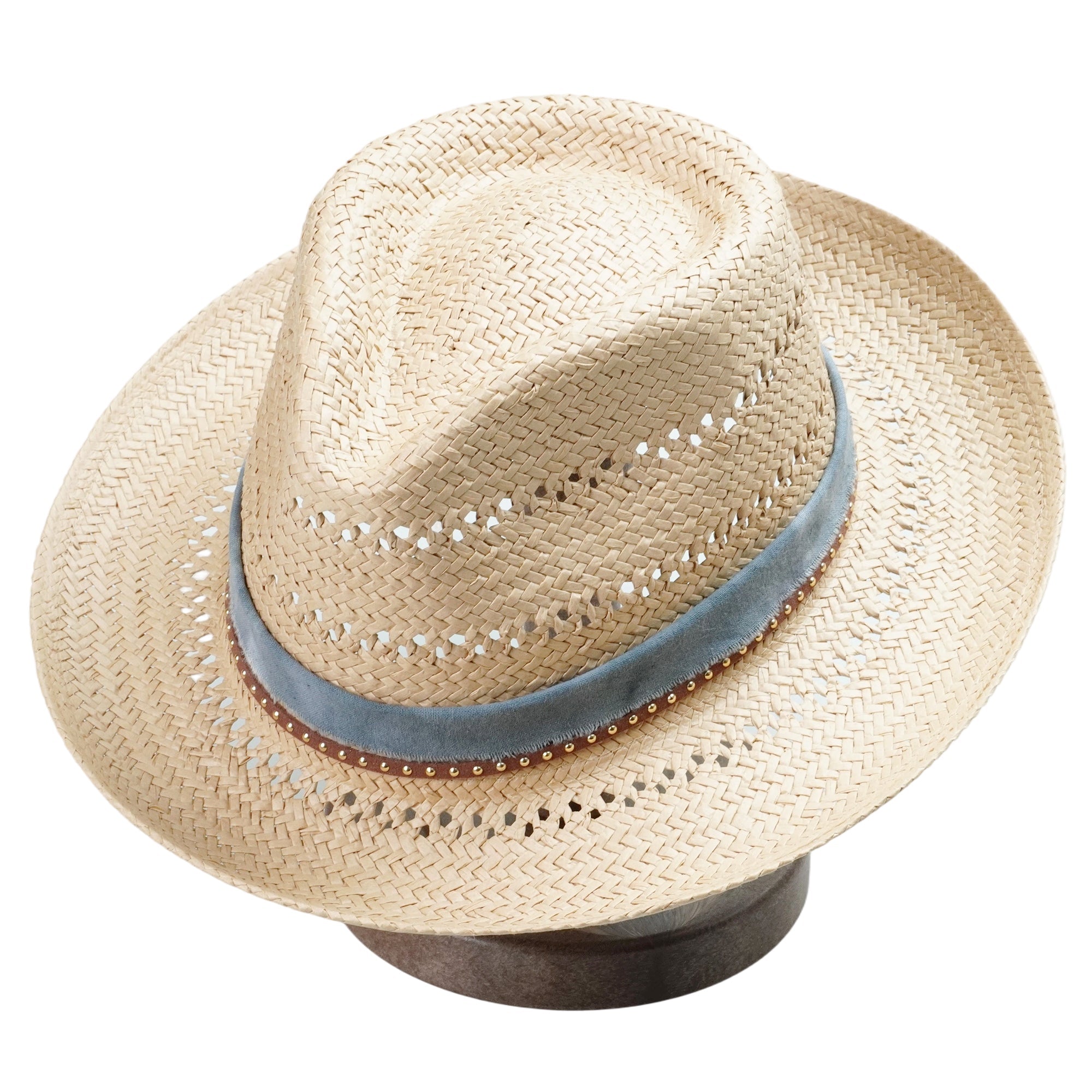 Natural Straw Hat with Cutout Crown & Blue Fabric Band