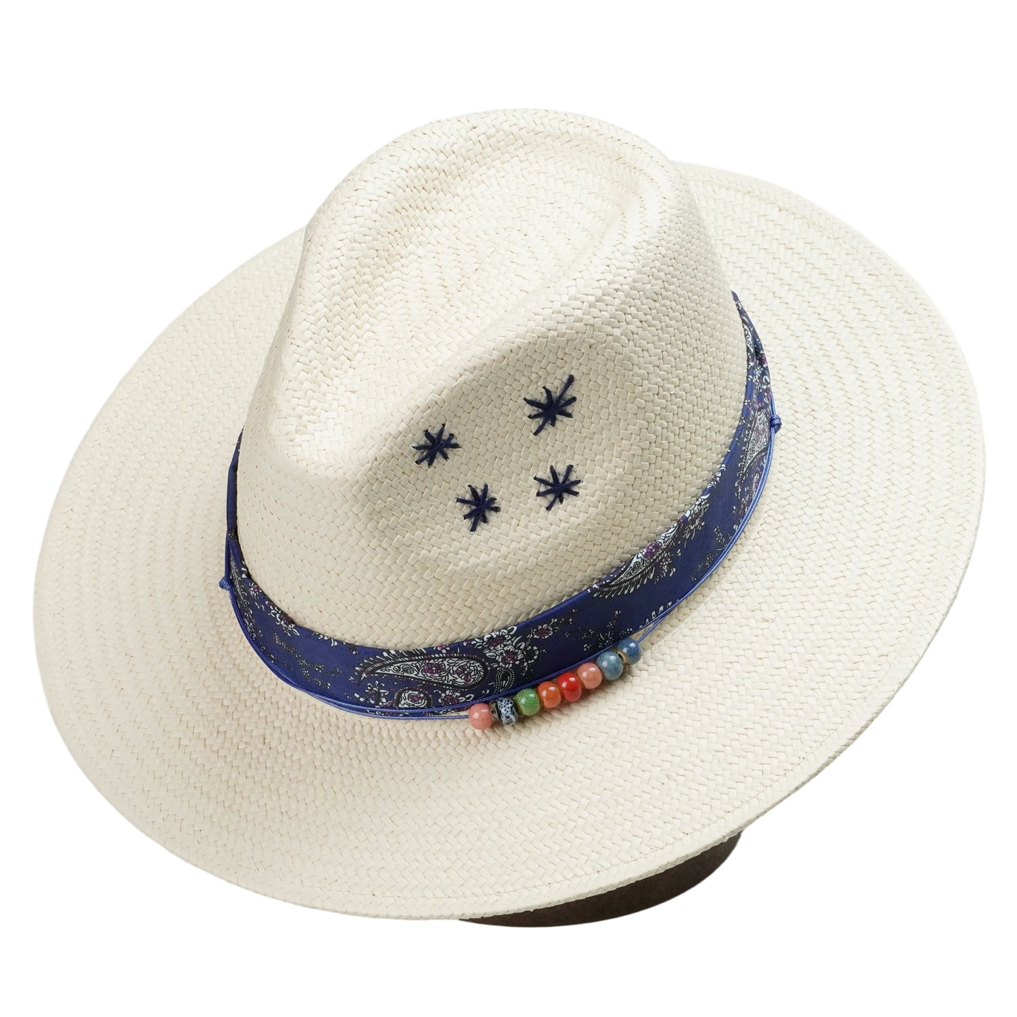 White Straw Hat with Blue Print Band & Colorful Beads