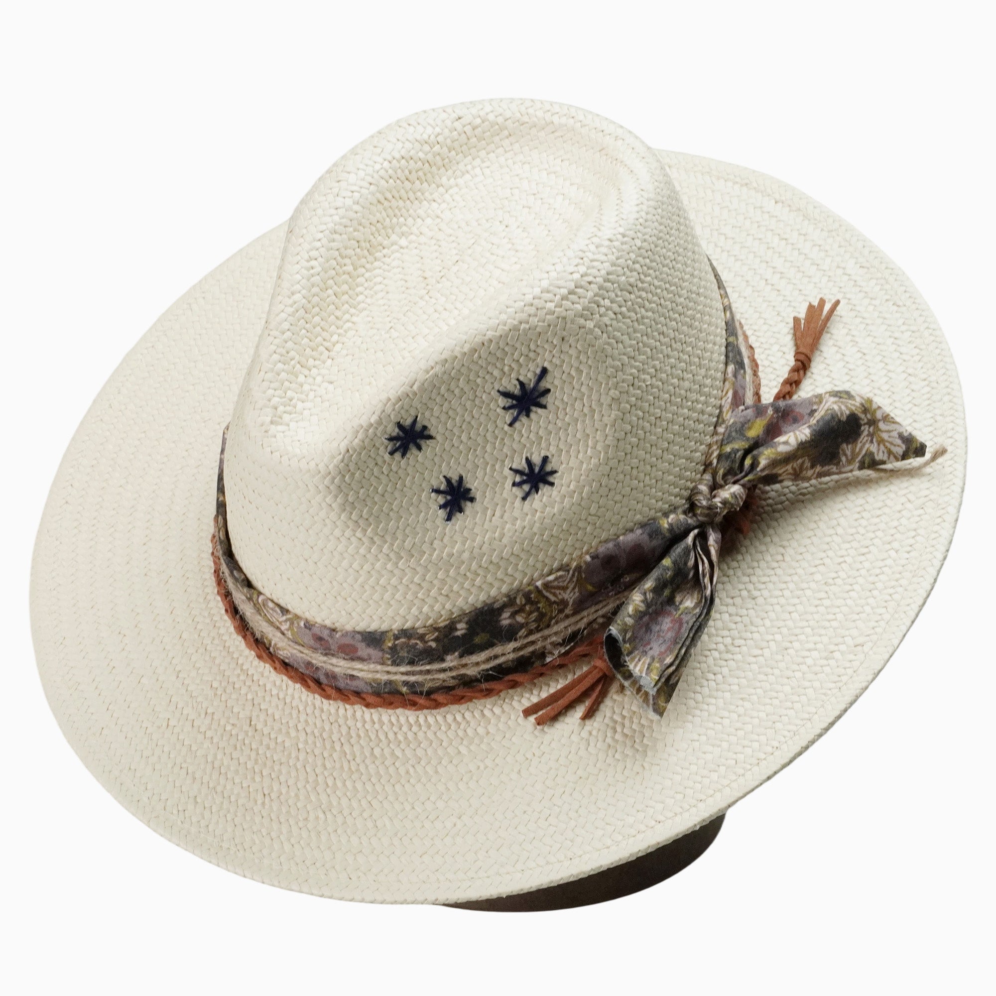 Natural Straw Fedora with Embroidered Stars & Boho Fabric Band