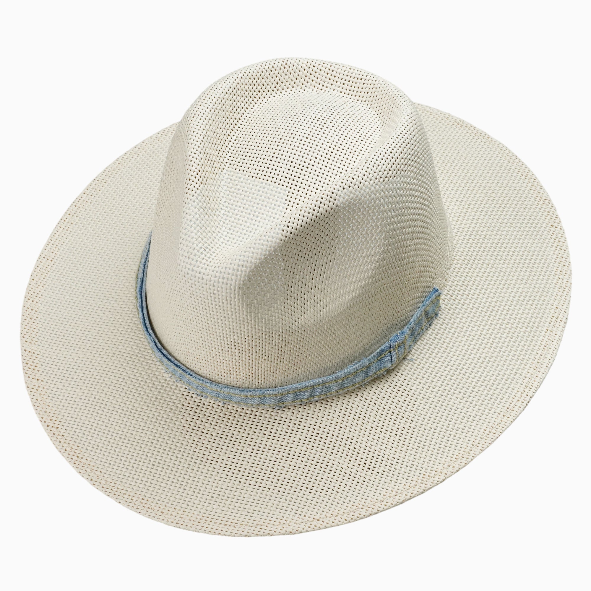 Light Beige Breathable Straw Fedora with Denim-Edge Hatband