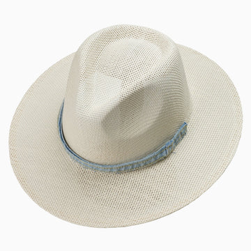 Light Beige Breathable Straw Fedora with Denim-Edge Hatband