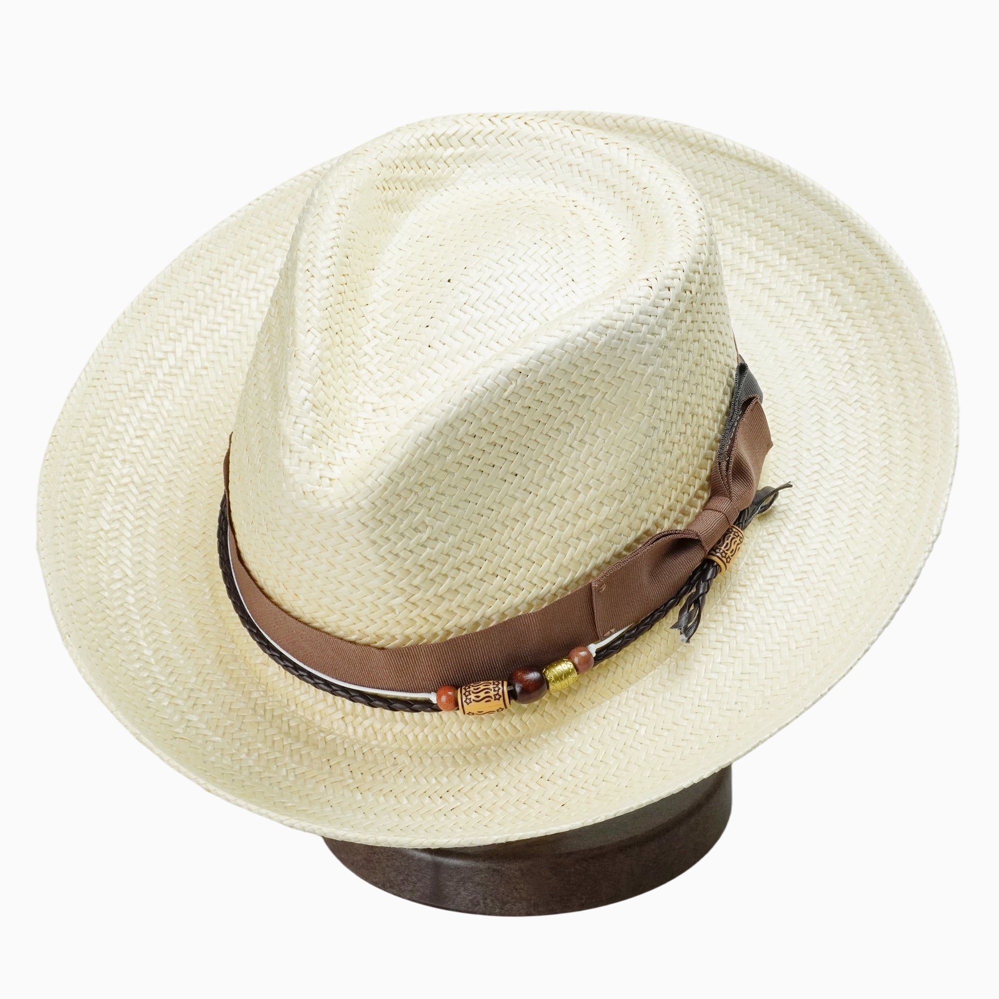 Beige Breathable Straw Fedora with Brown Ribbon & Beaded Cord Accent