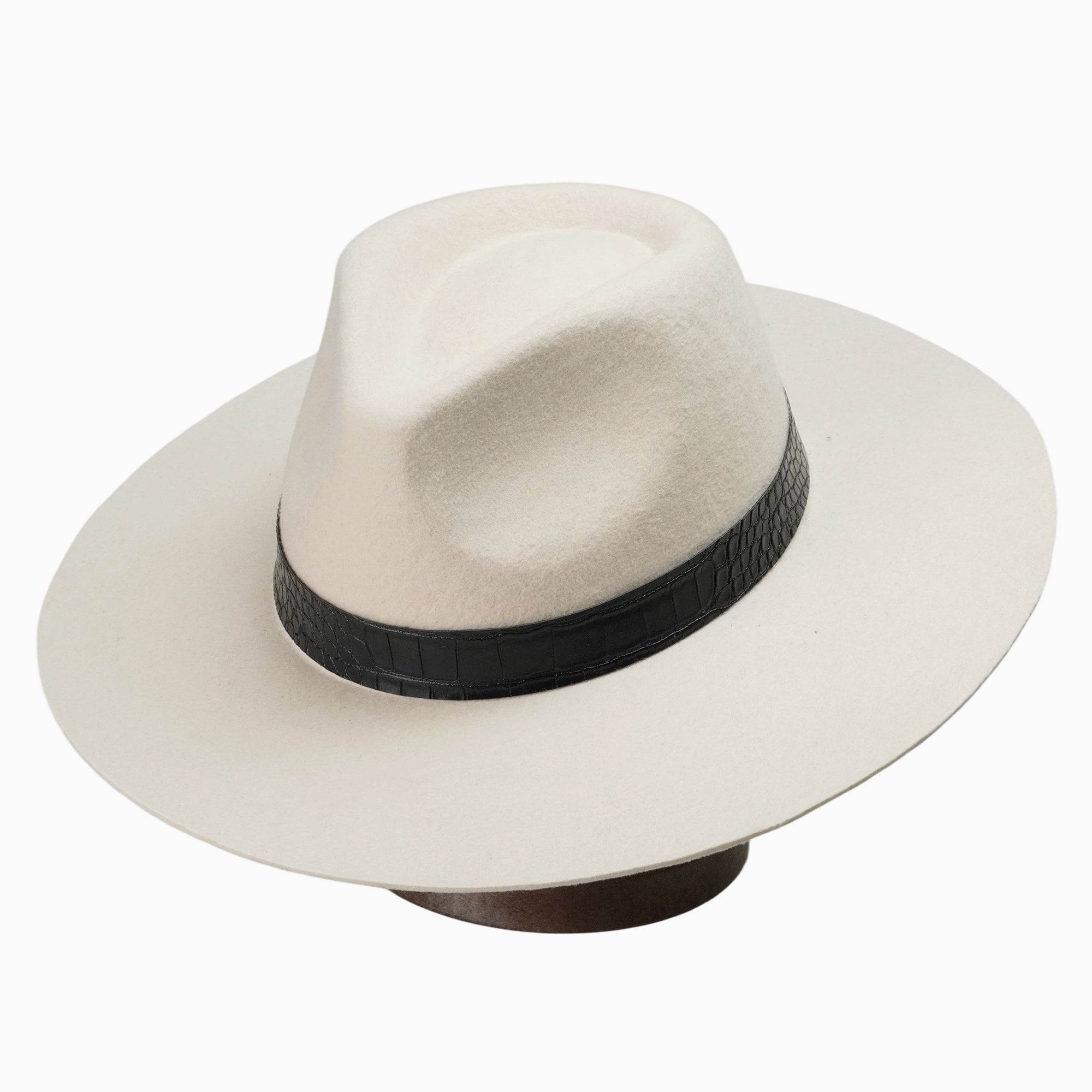 Off-White Felt Fedora with Black Crocodile-Texture Band