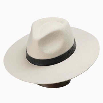 Off-White Felt Fedora with Black Crocodile-Texture Band